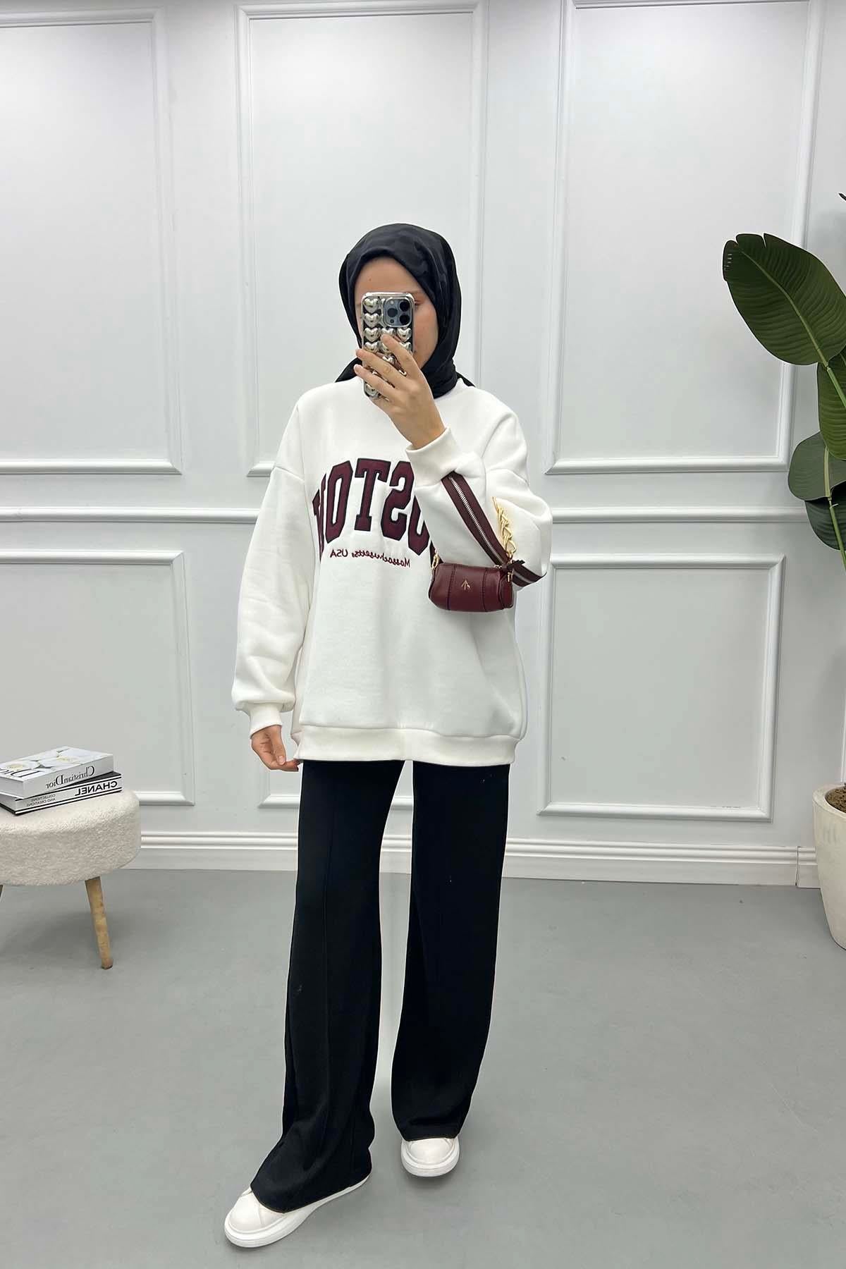 Fermuar Detaylı Üç İplik Sweatshirt Beyaz