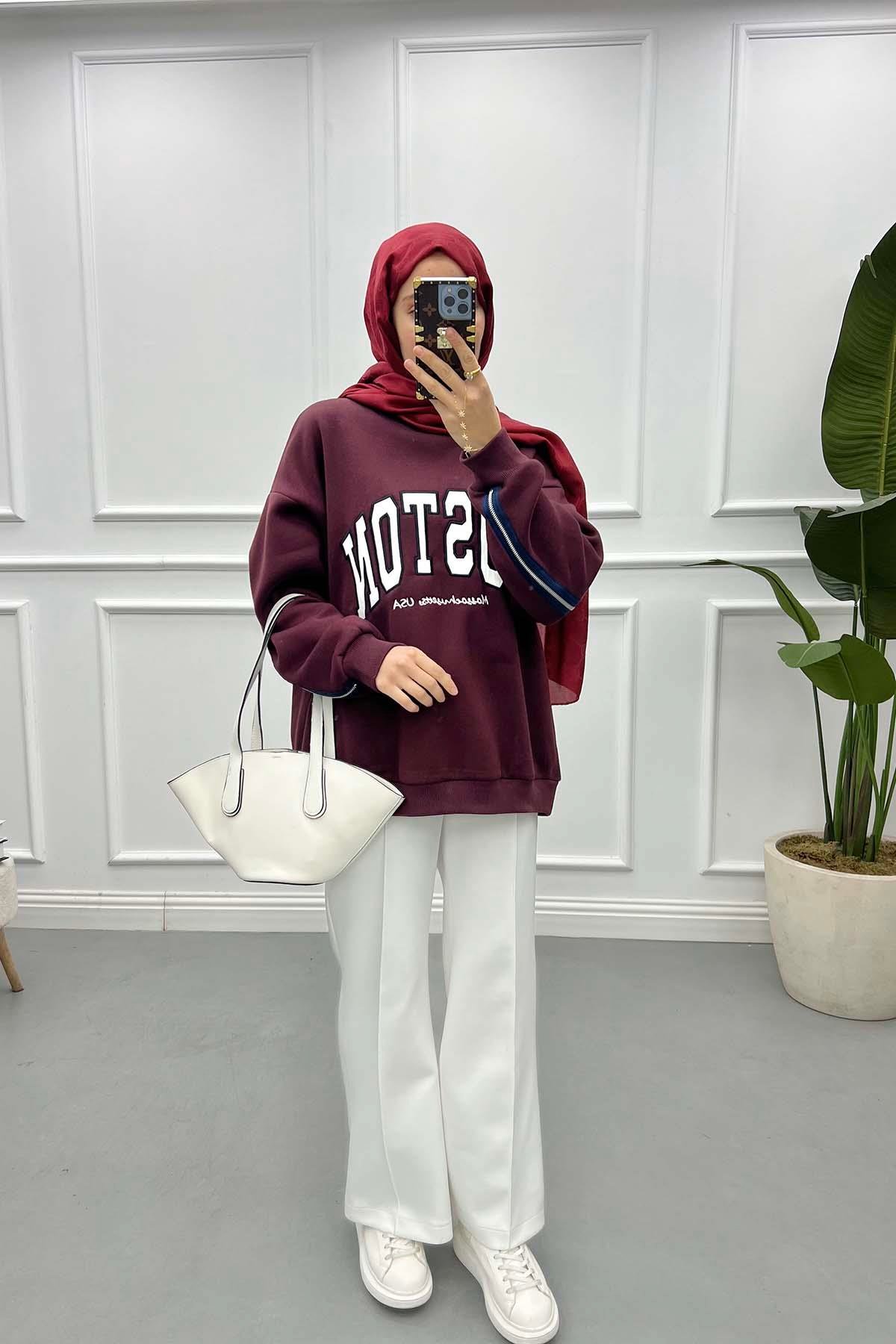 Fermuar Detaylı Üç İplik Sweatshirt Bordo