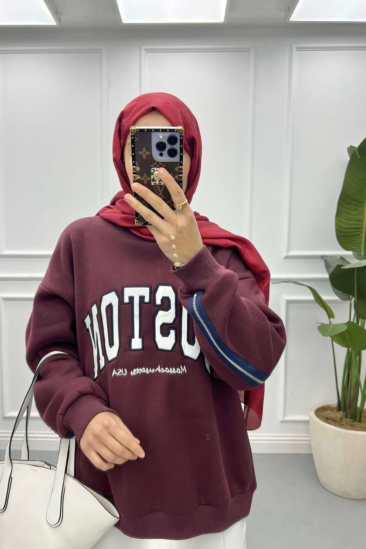 Fermuar Detaylı Üç İplik Sweatshirt Bordo