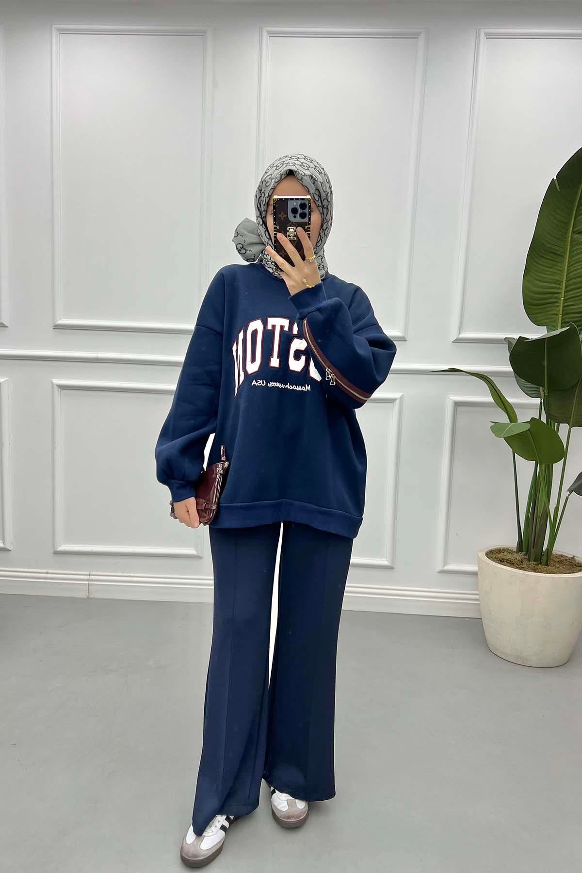 Fermuar Detaylı Üç İplik Sweatshirt Lacivert