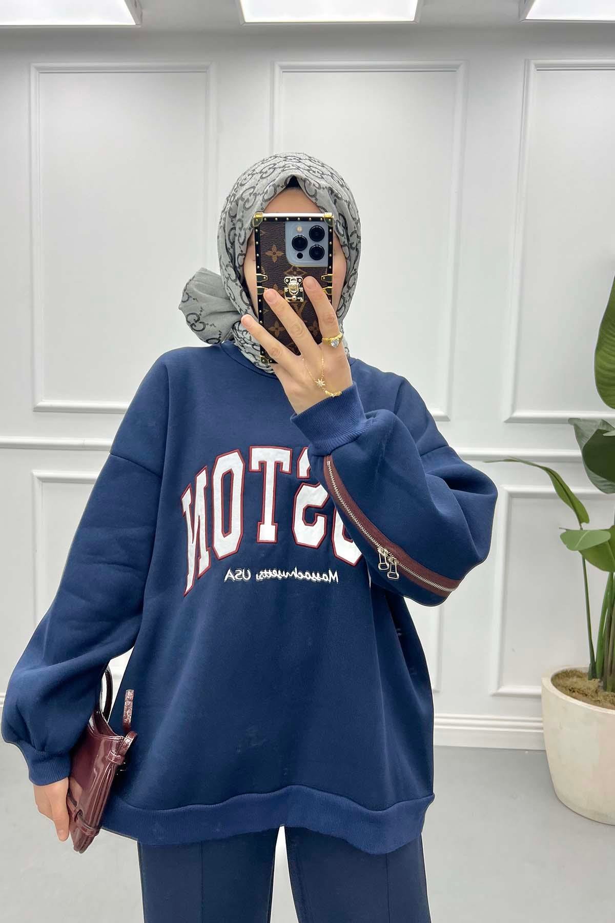 Fermuar Detaylı Üç İplik Sweatshirt Lacivert