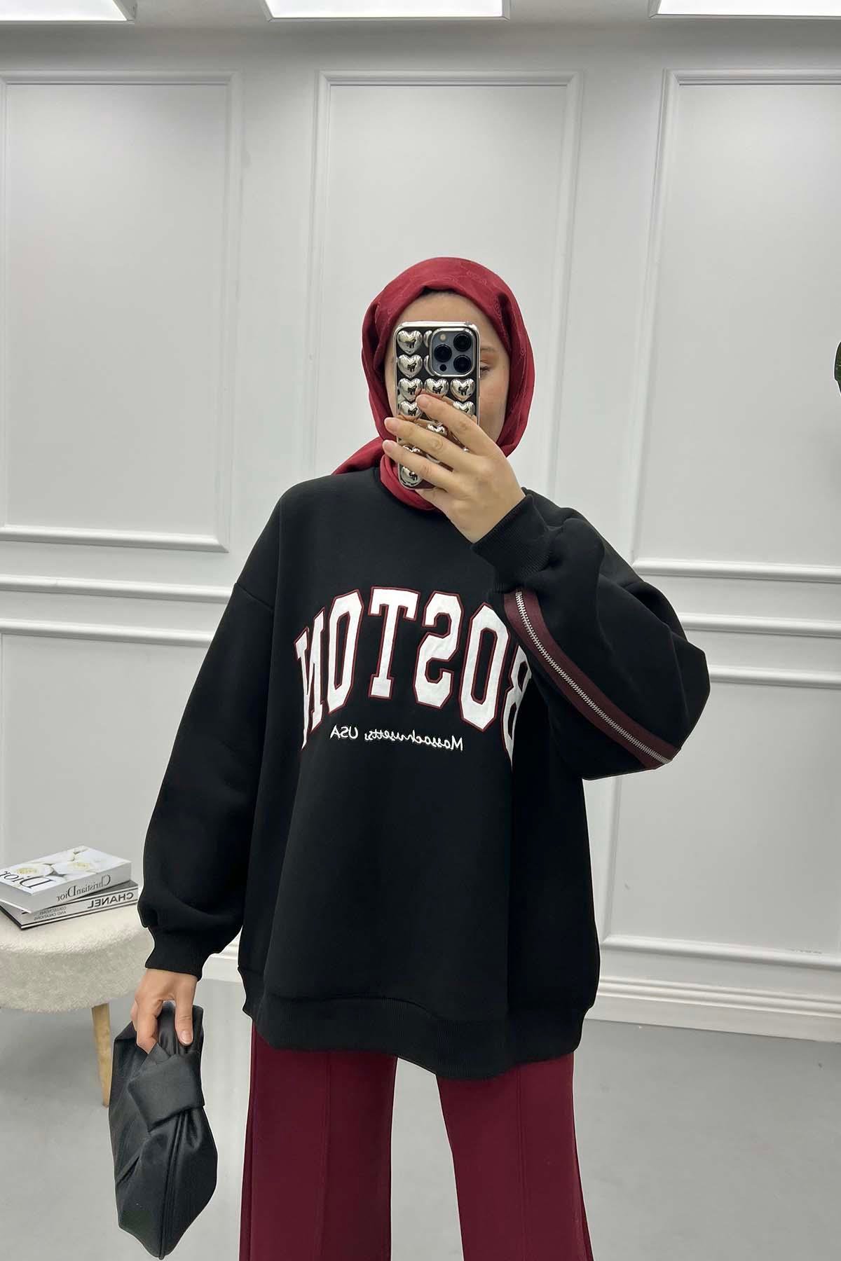 Fermuar Detaylı Üç İplik Sweatshirt Siyah