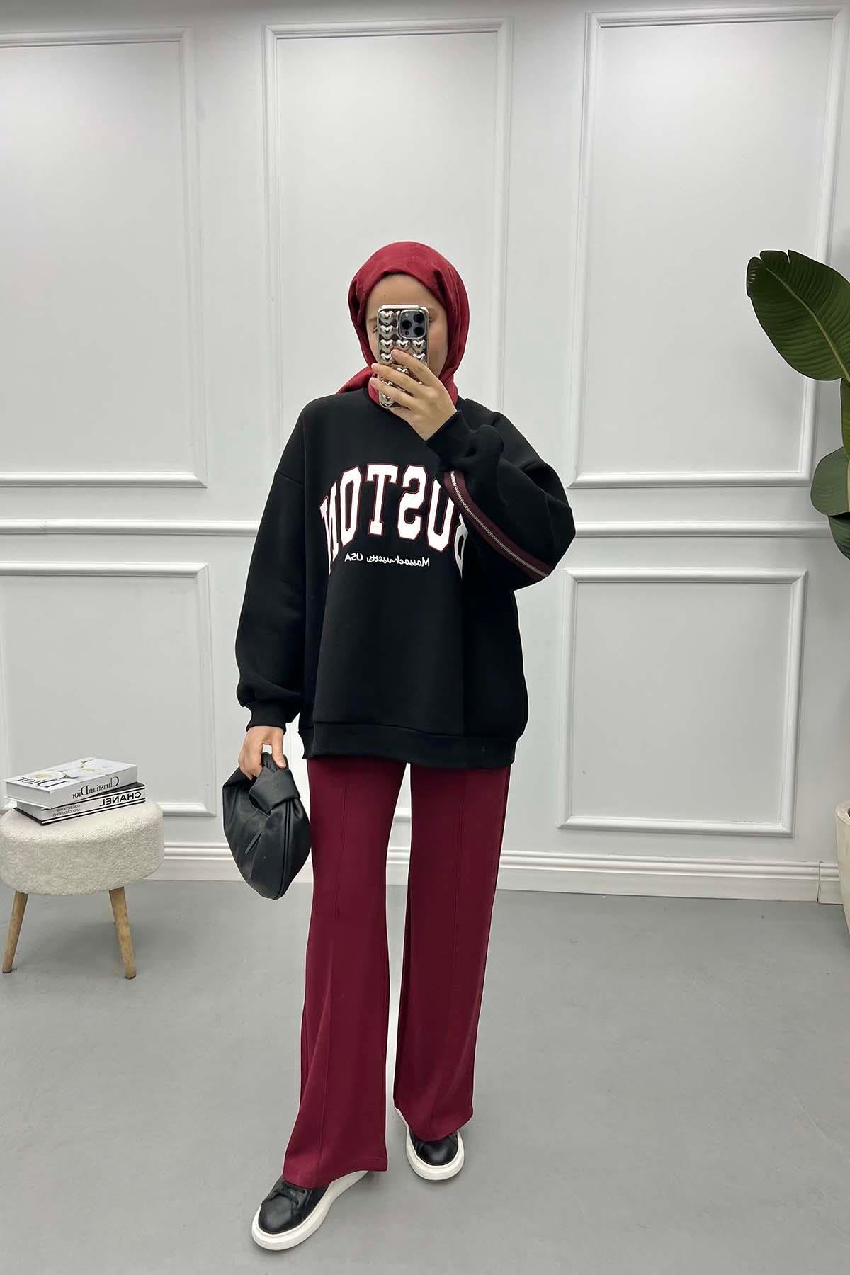 Fermuar Detaylı Üç İplik Sweatshirt Siyah