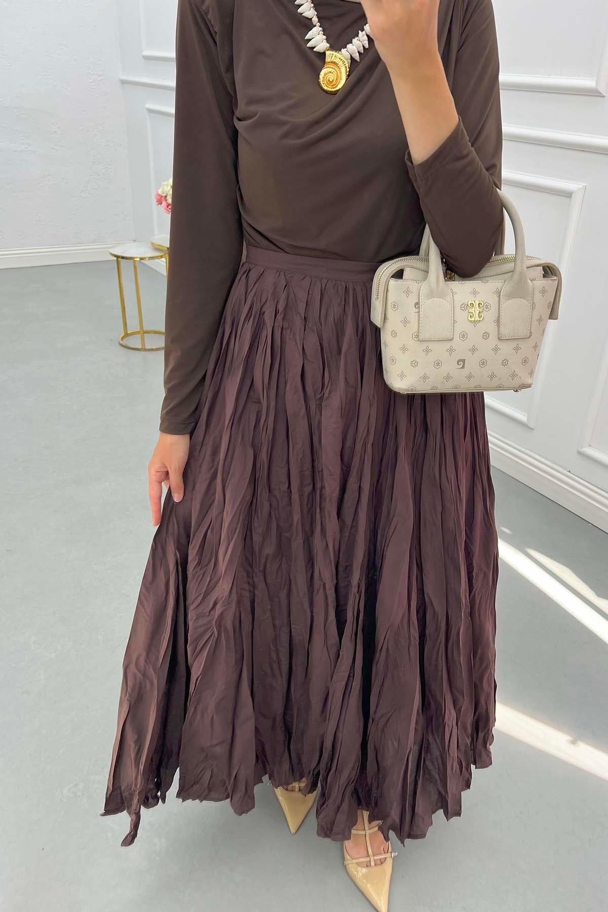 Fermuarlı Astarlı Kırışık Etek Kahve