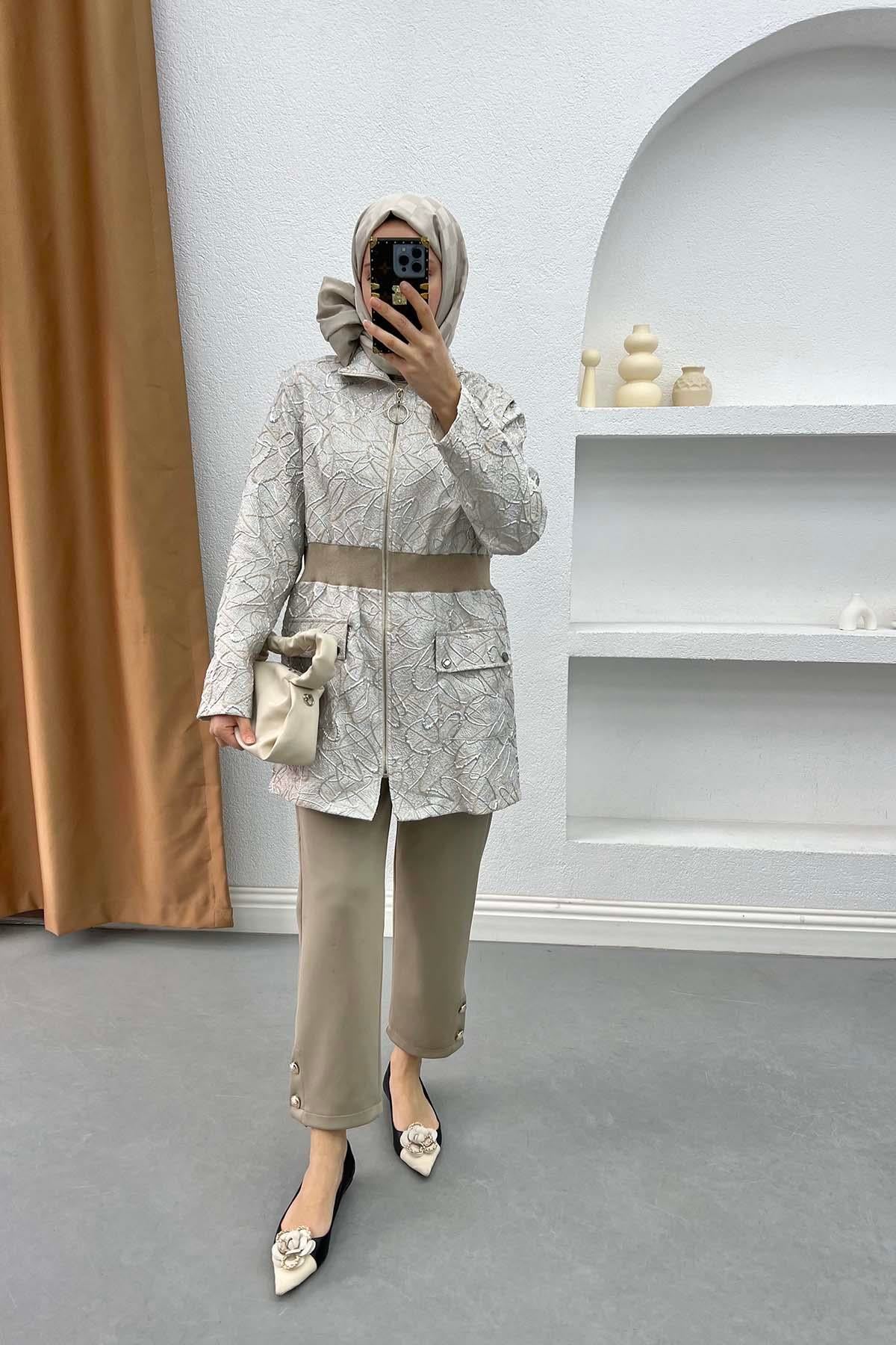 Fermuarlı Jakarlı Ceket Bej