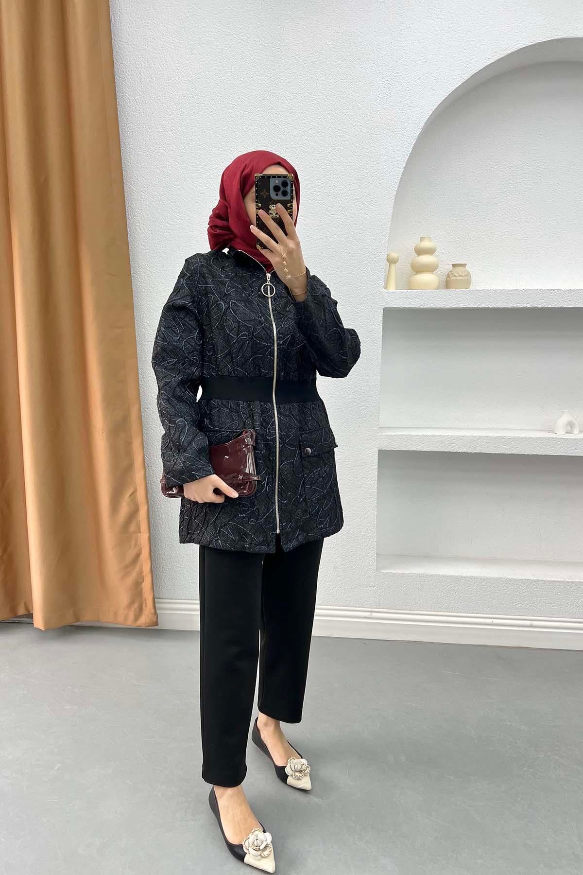 Fermuarlı Jakarlı Ceket Siyah