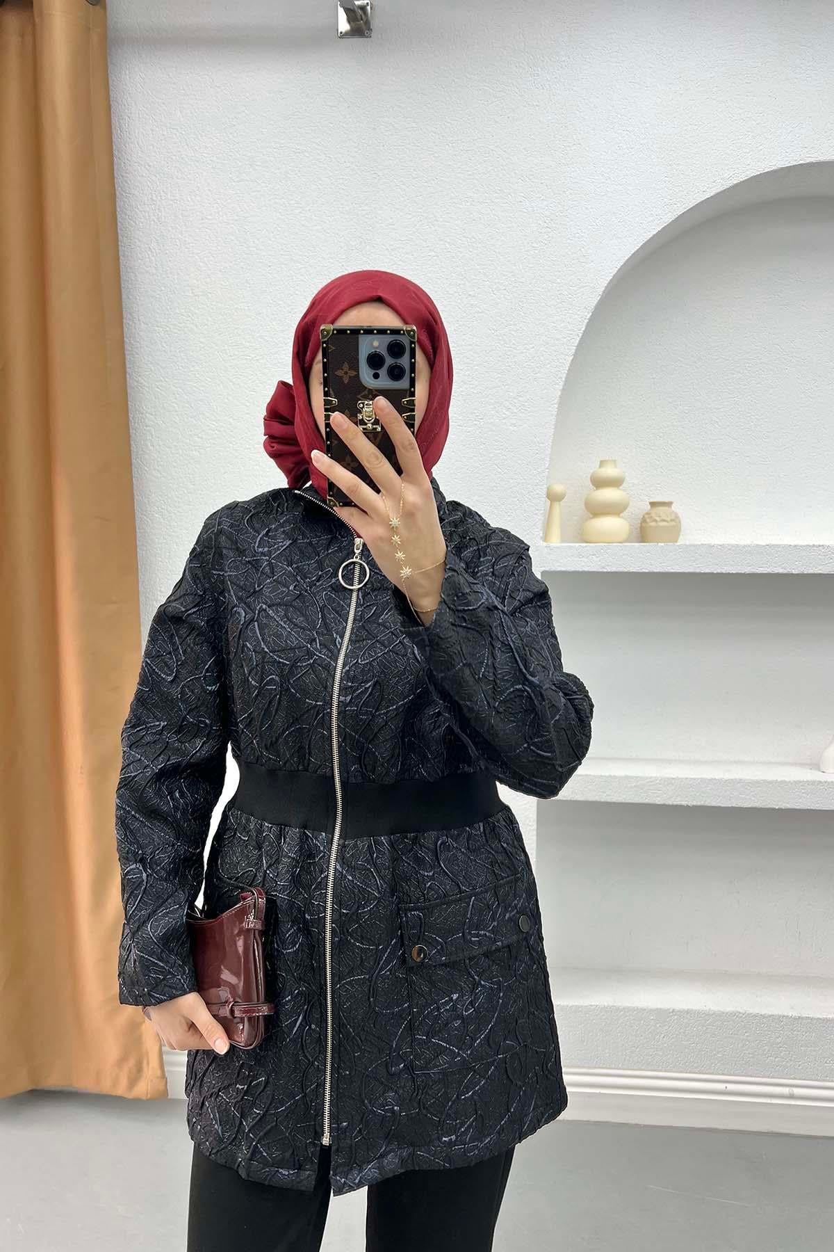 Fermuarlı Jakarlı Ceket Siyah