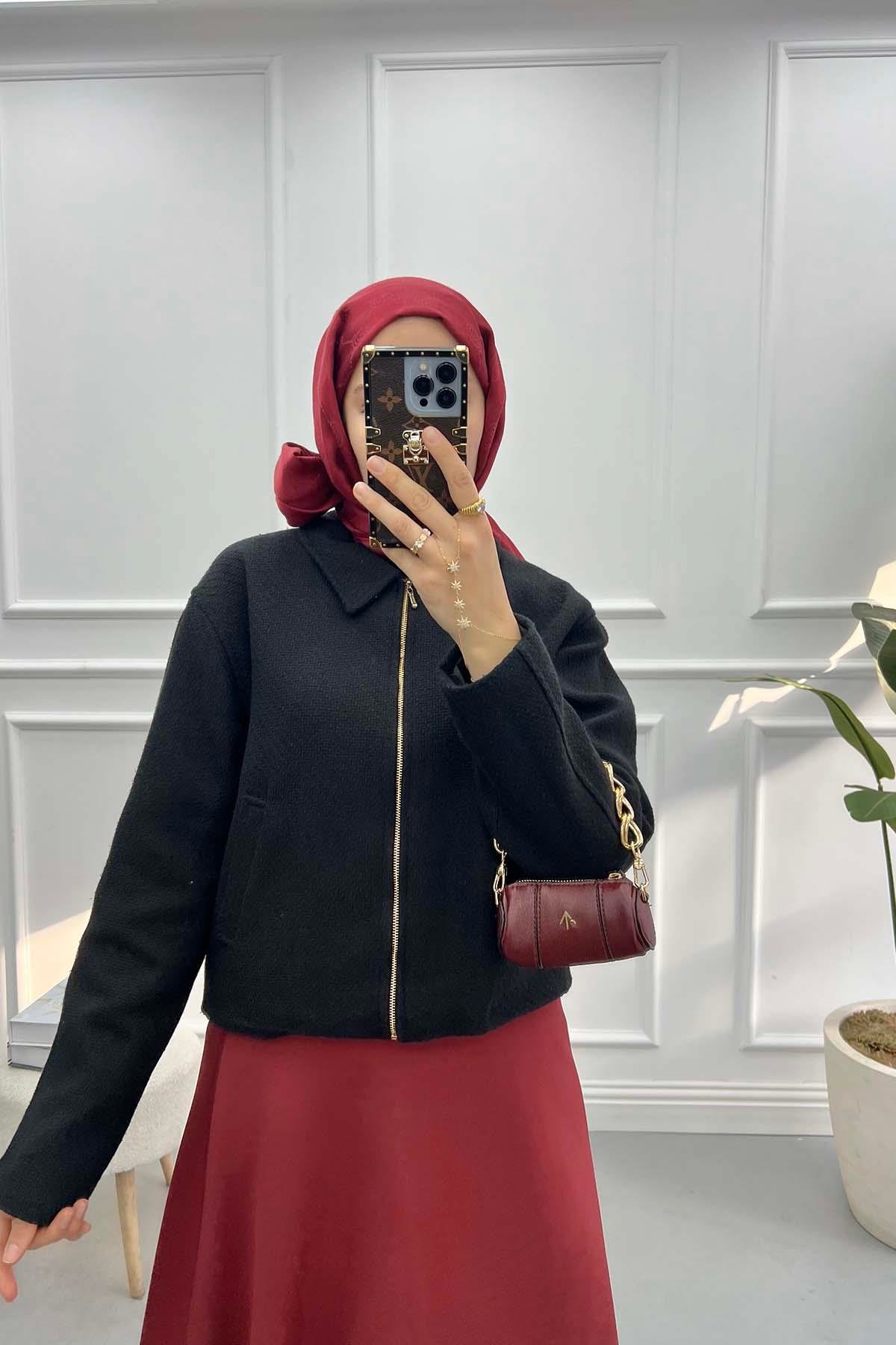 Fermuarlı Kısa Tüvit Ceket Siyah