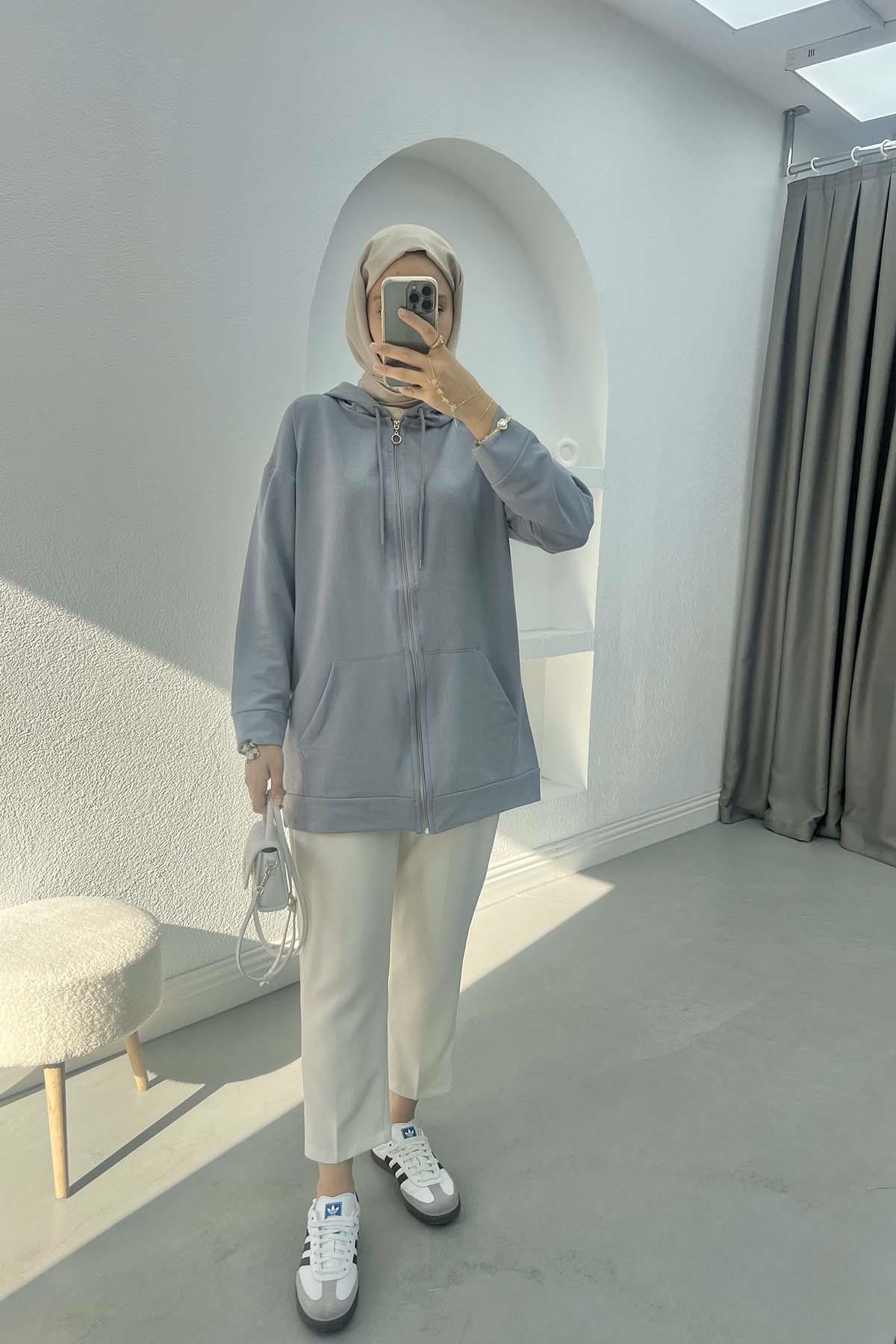 Fermuarlı Okul Sweatshirt Gri