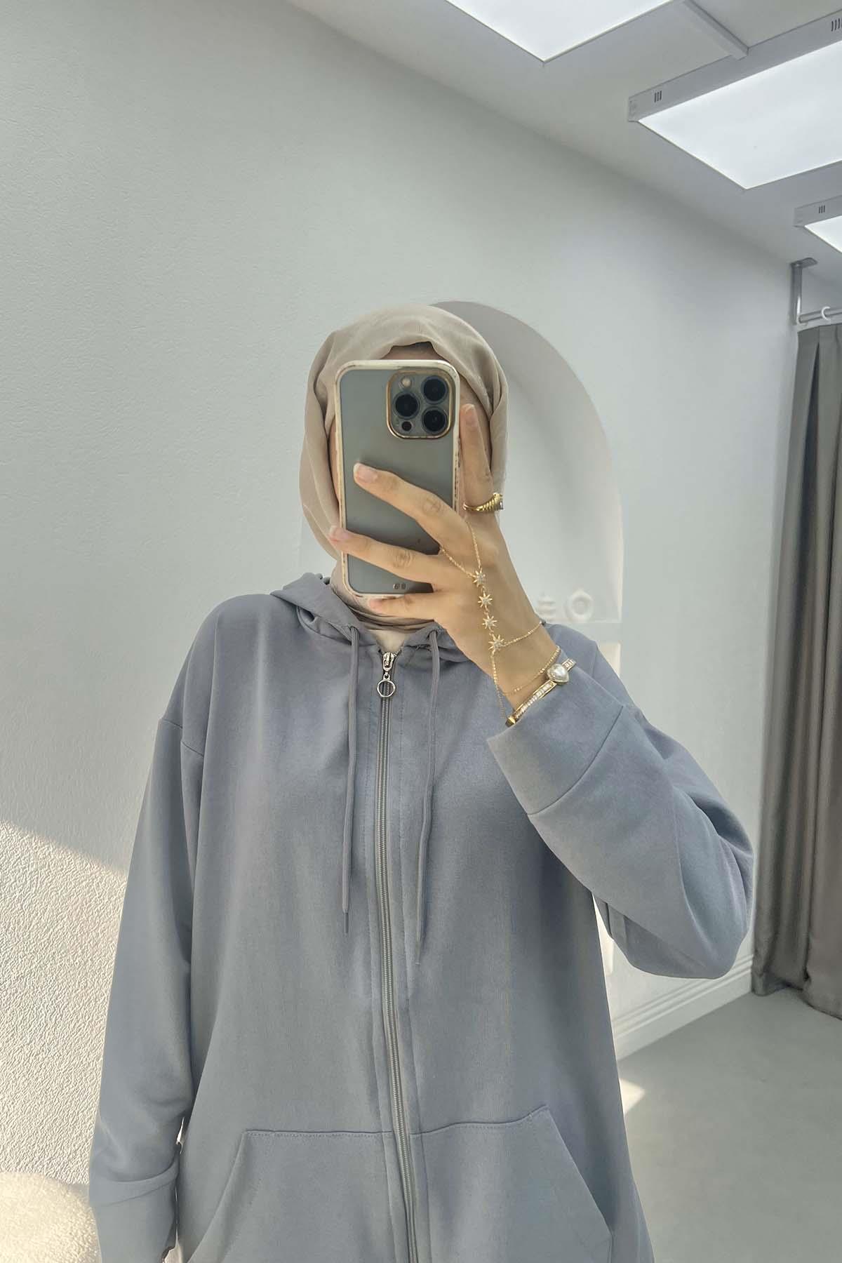 Fermuarlı Okul Sweatshirt Gri