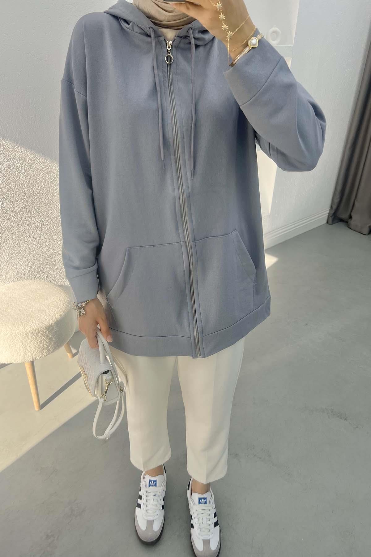 Fermuarlı Okul Sweatshirt Gri