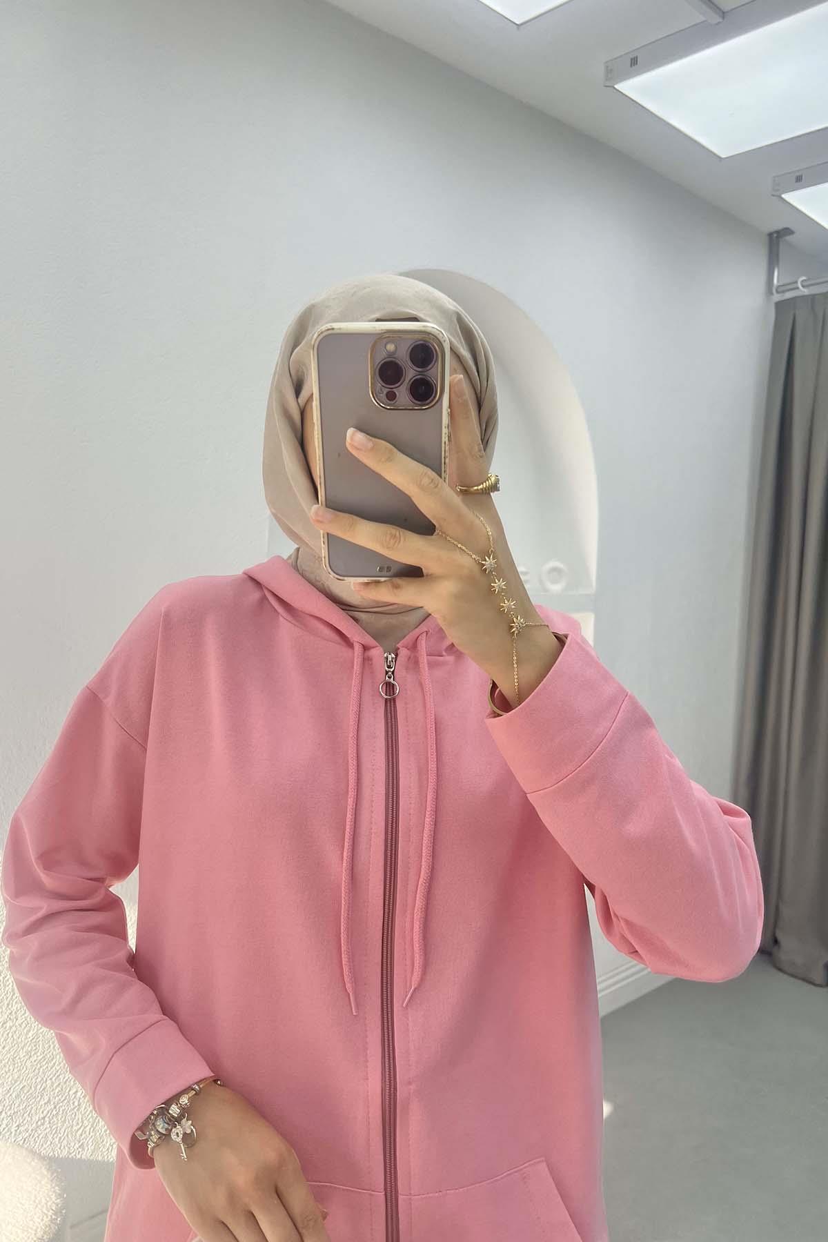 Fermuarlı Okul Sweatshirt Pembe