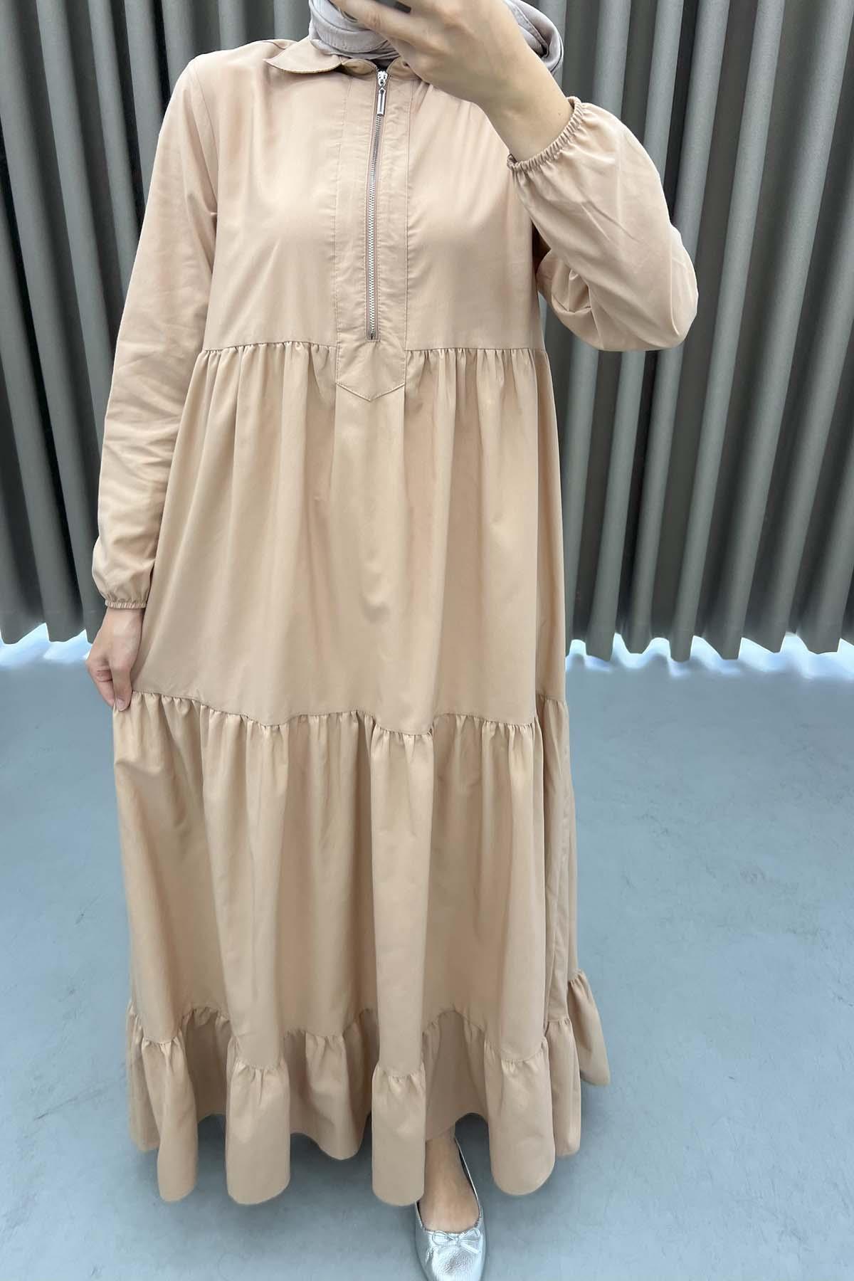 Fermuarlı Patlı Elbise Sütlü Kahve