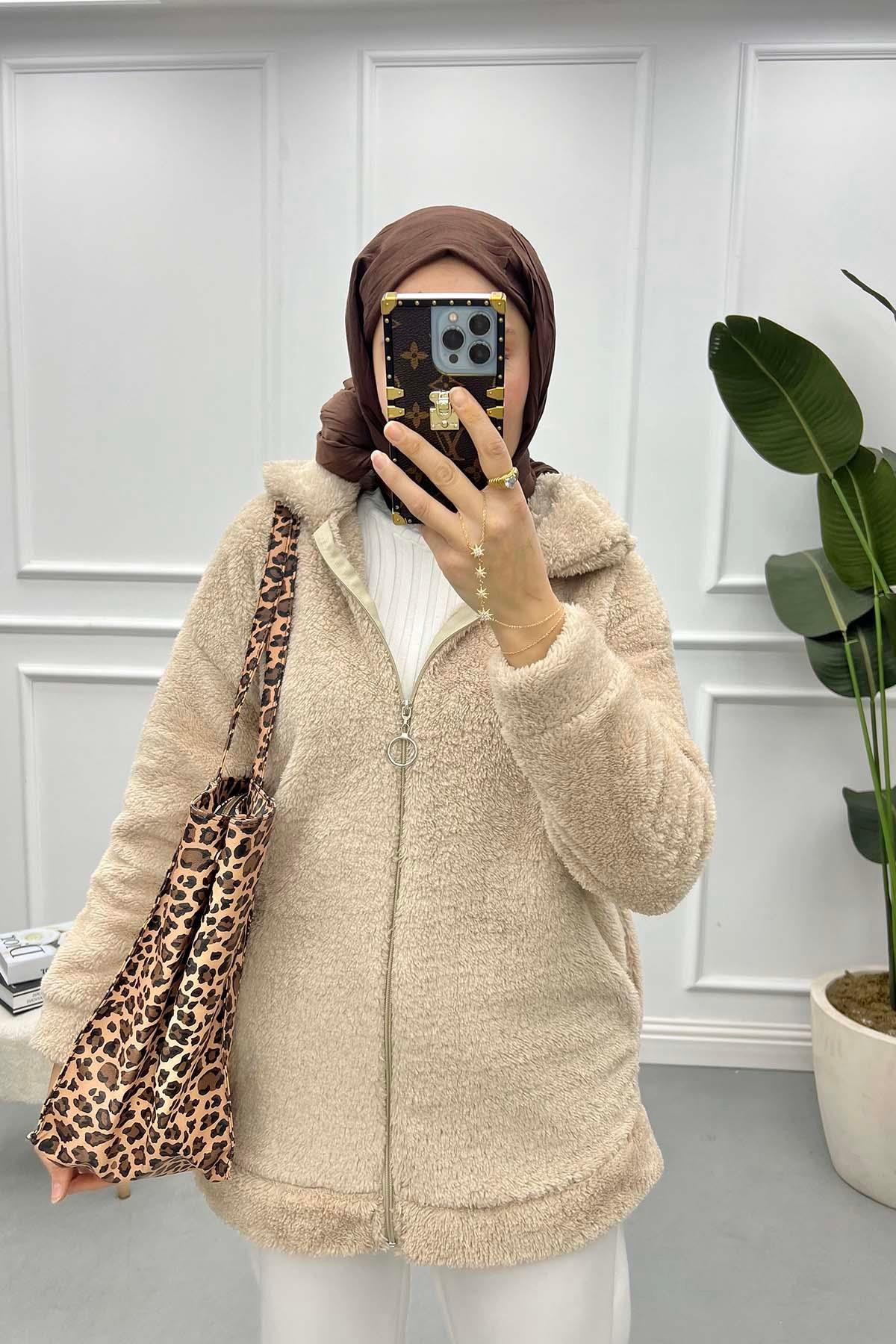 Fermuarlı Peluş Hırka Bej