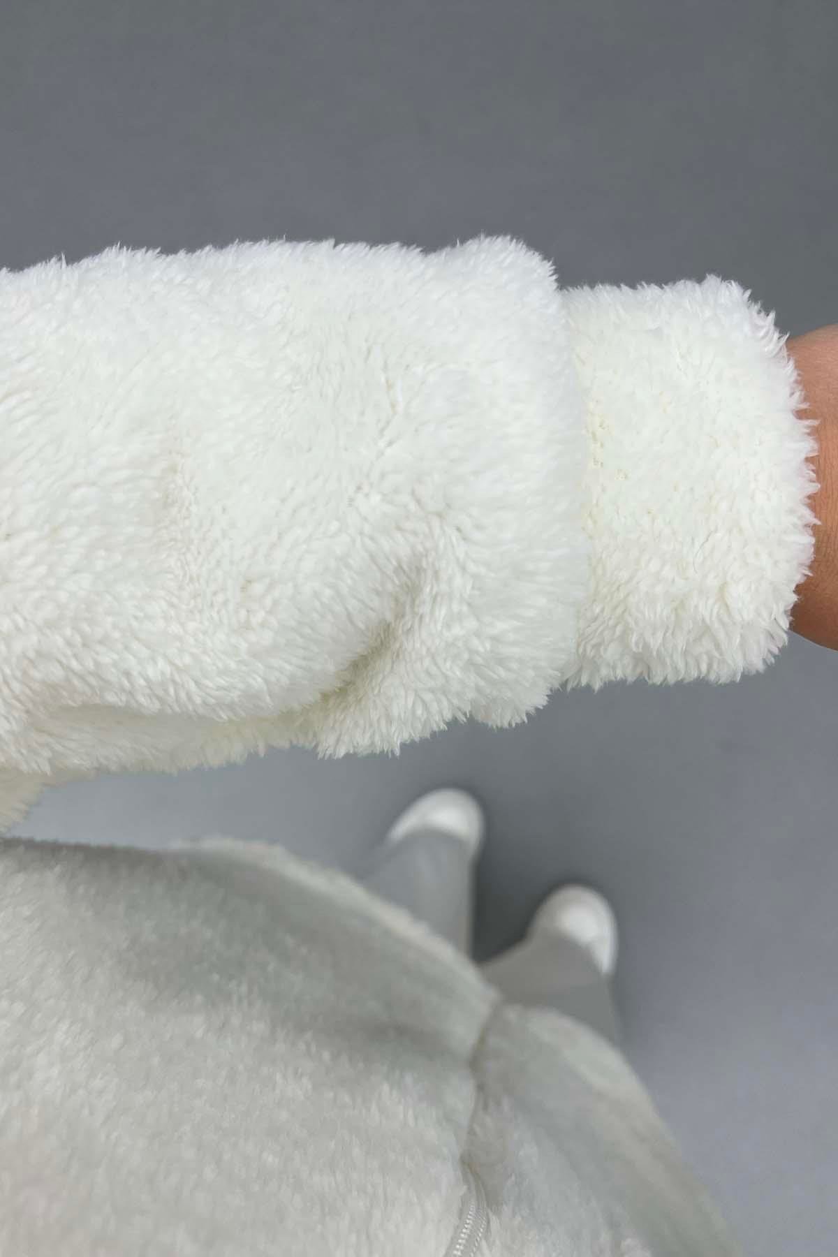 Fermuarlı Peluş Hırka Beyaz