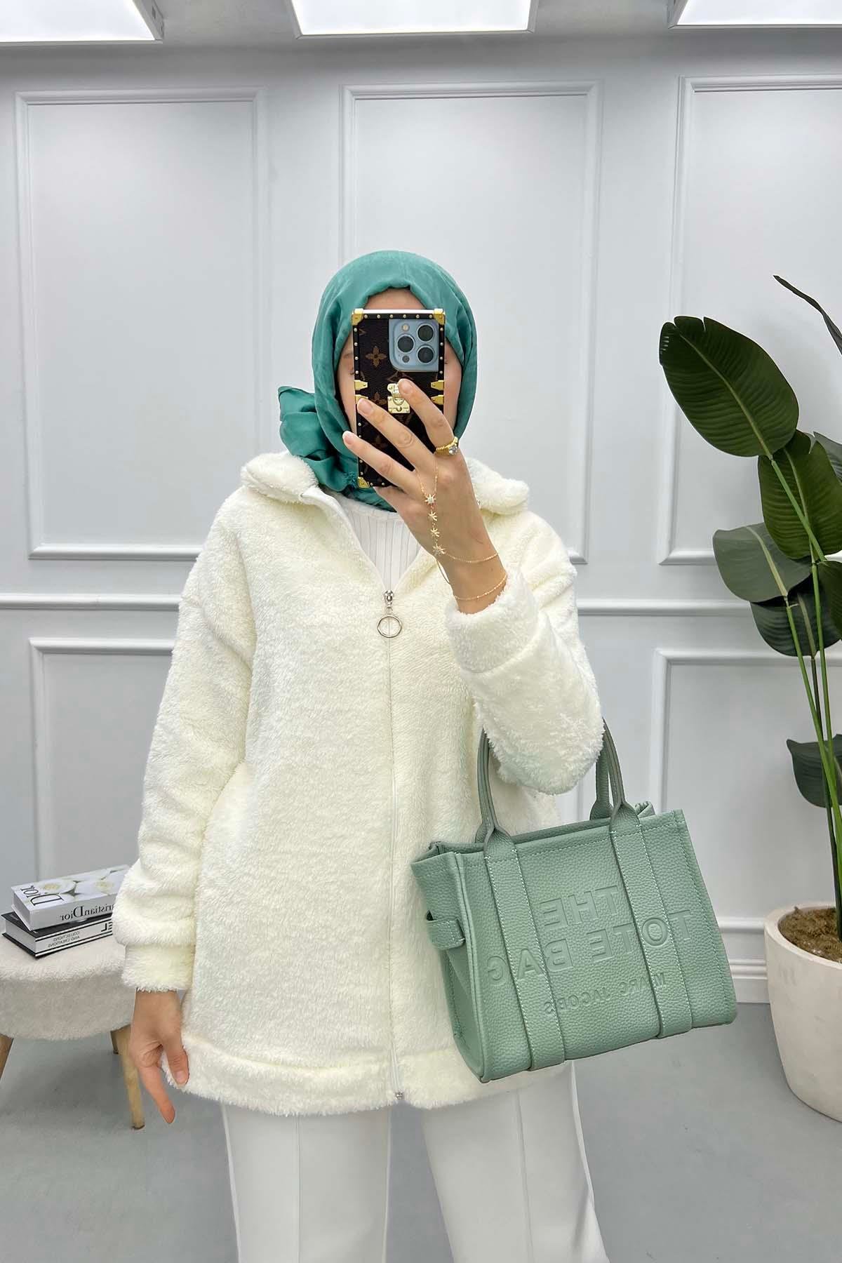 Fermuarlı Peluş Hırka Beyaz