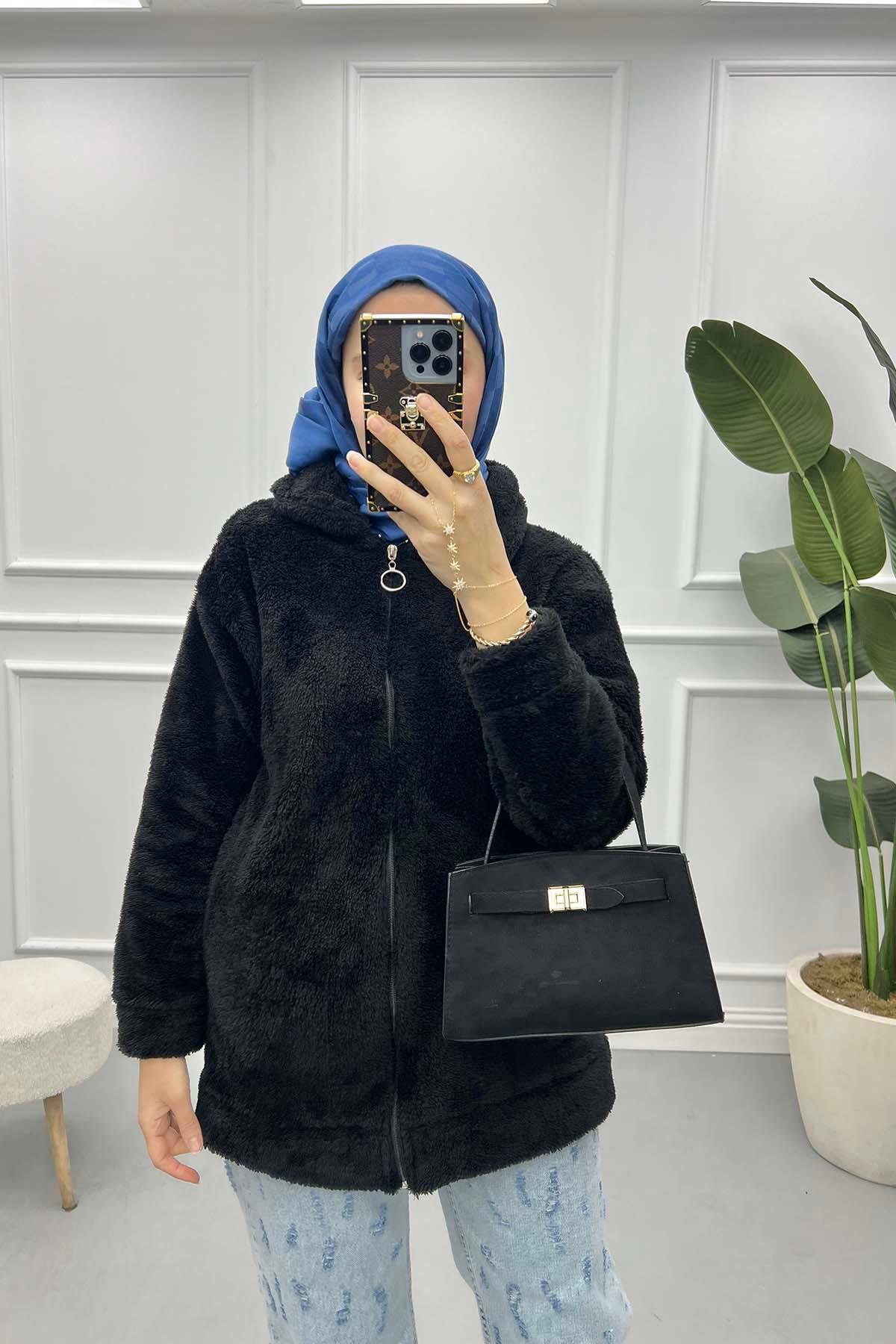 Fermuarlı Peluş Hırka Siyah