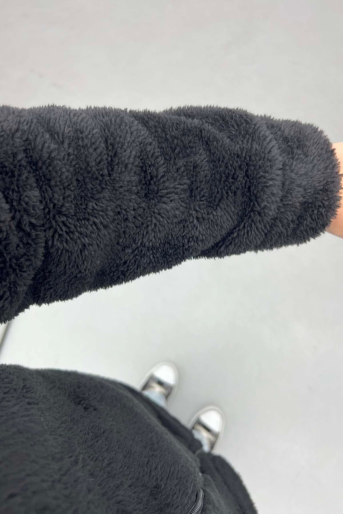 Fermuarlı Peluş Hırka Siyah