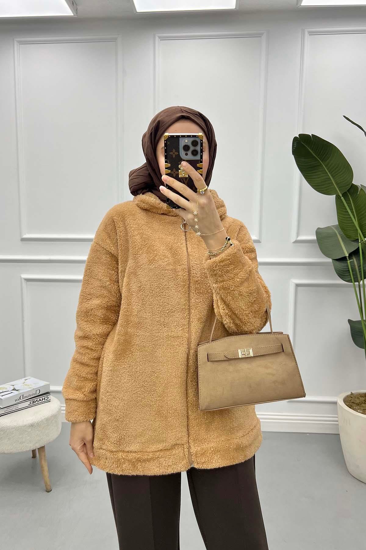Fermuarlı Peluş Hırka Sütlü Kahve
