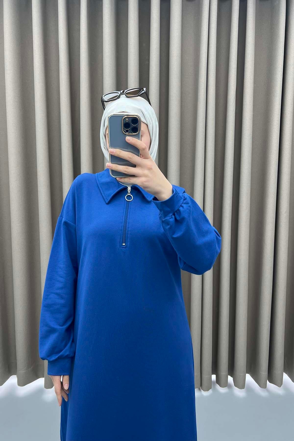 Fermuarlı Sweat Elbise Saks Mavi