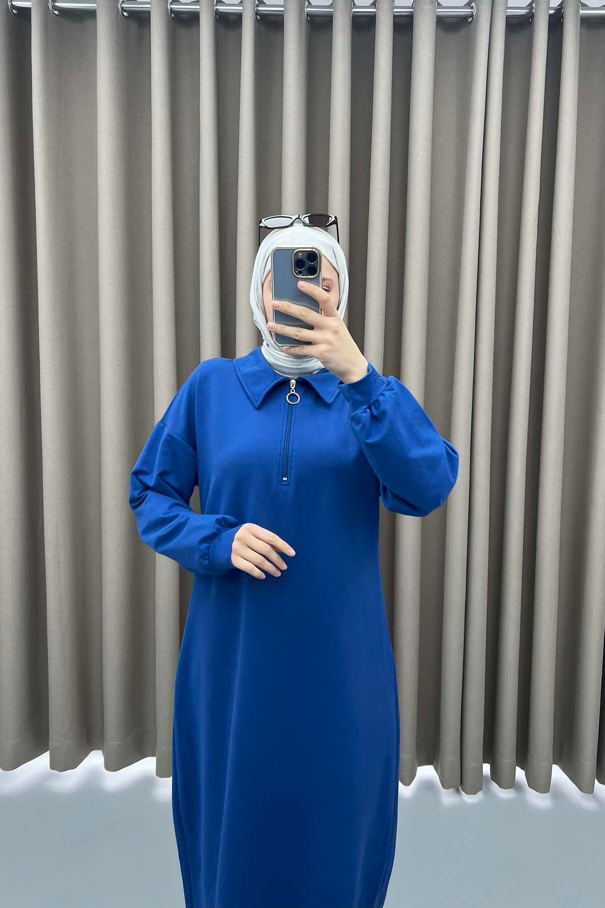 Fermuarlı Sweat Elbise Saks Mavi