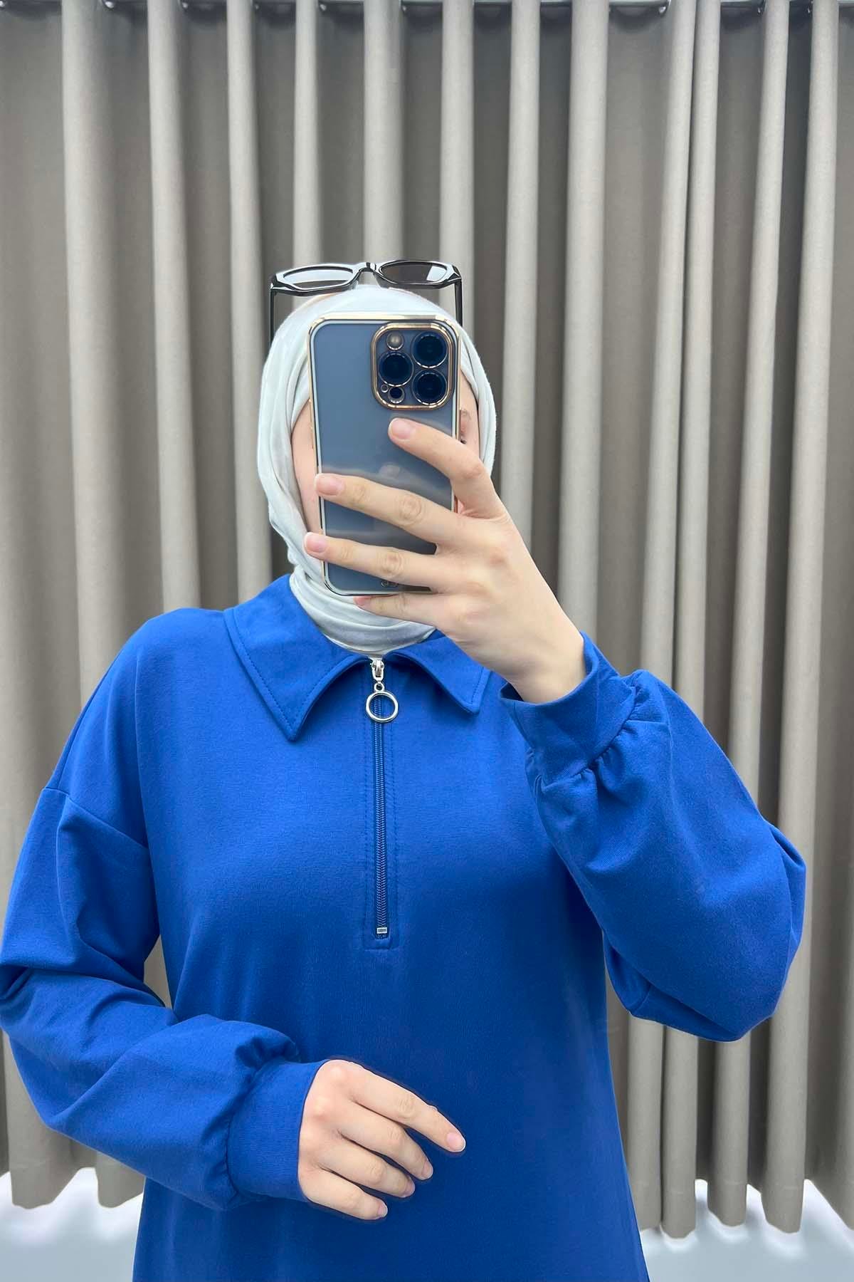 Fermuarlı Sweat Elbise Saks Mavi