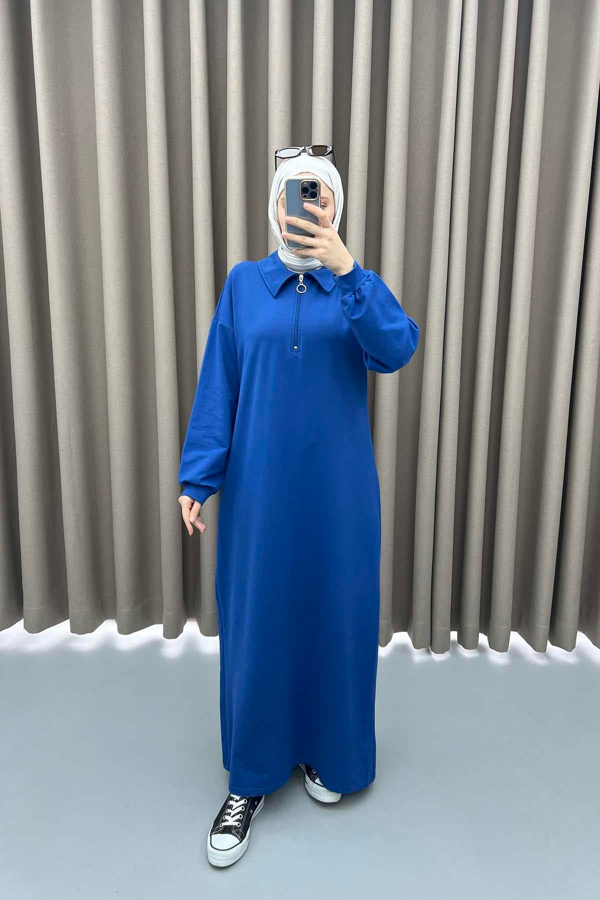 Fermuarlı Sweat Elbise Saks Mavi
