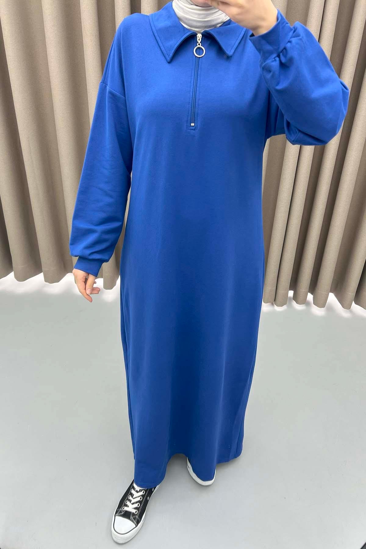 Fermuarlı Sweat Elbise Saks Mavi