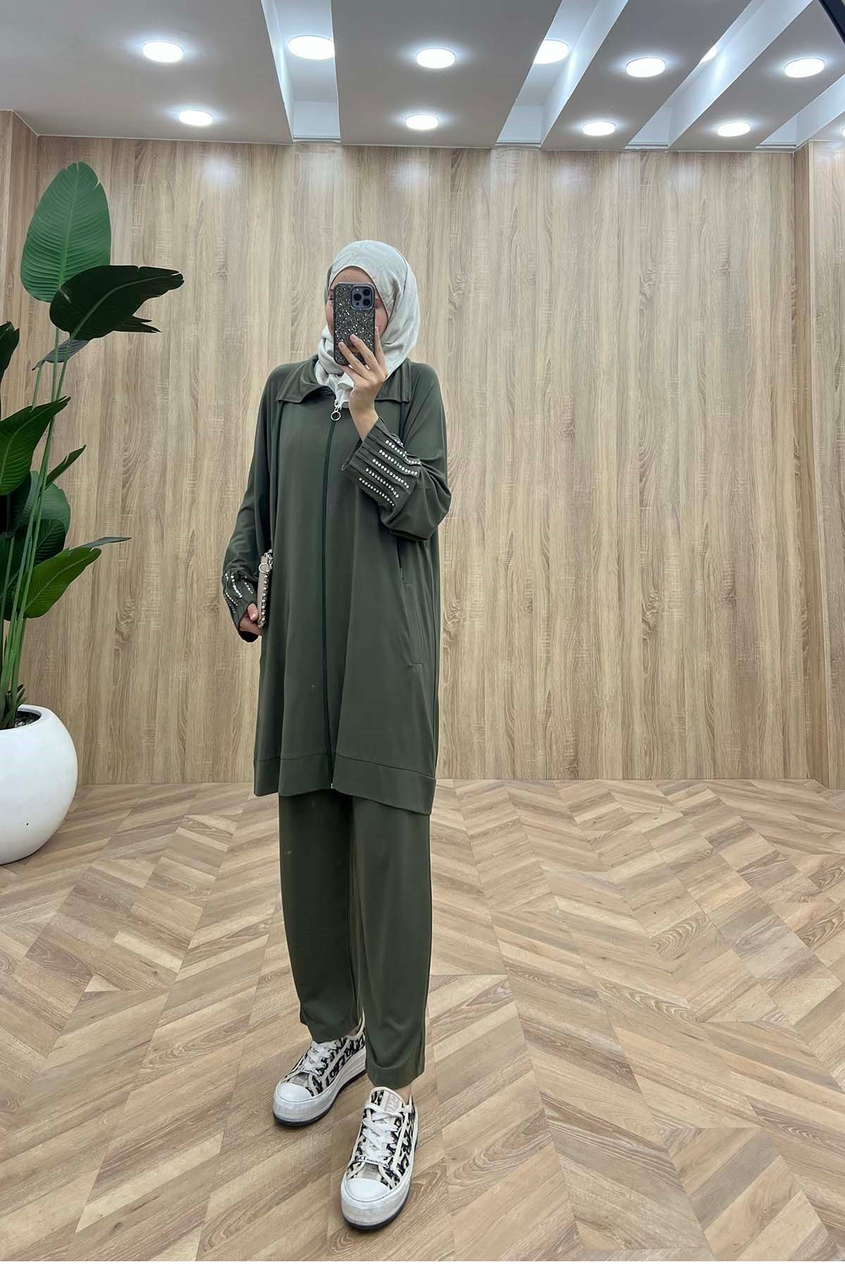 Fermuarlı Taş Detaylı Spor Takım Haki