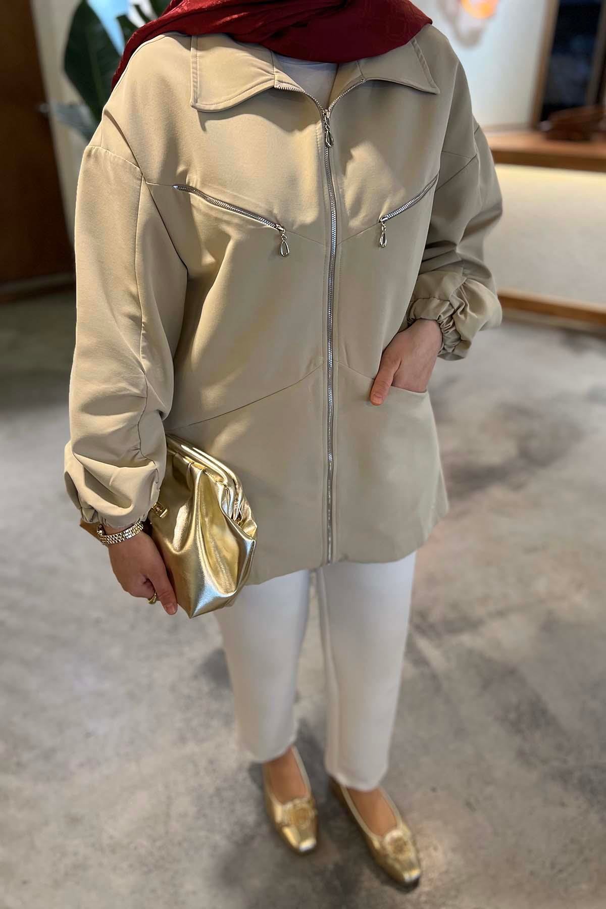 Fermuarlı Trençkot Bej