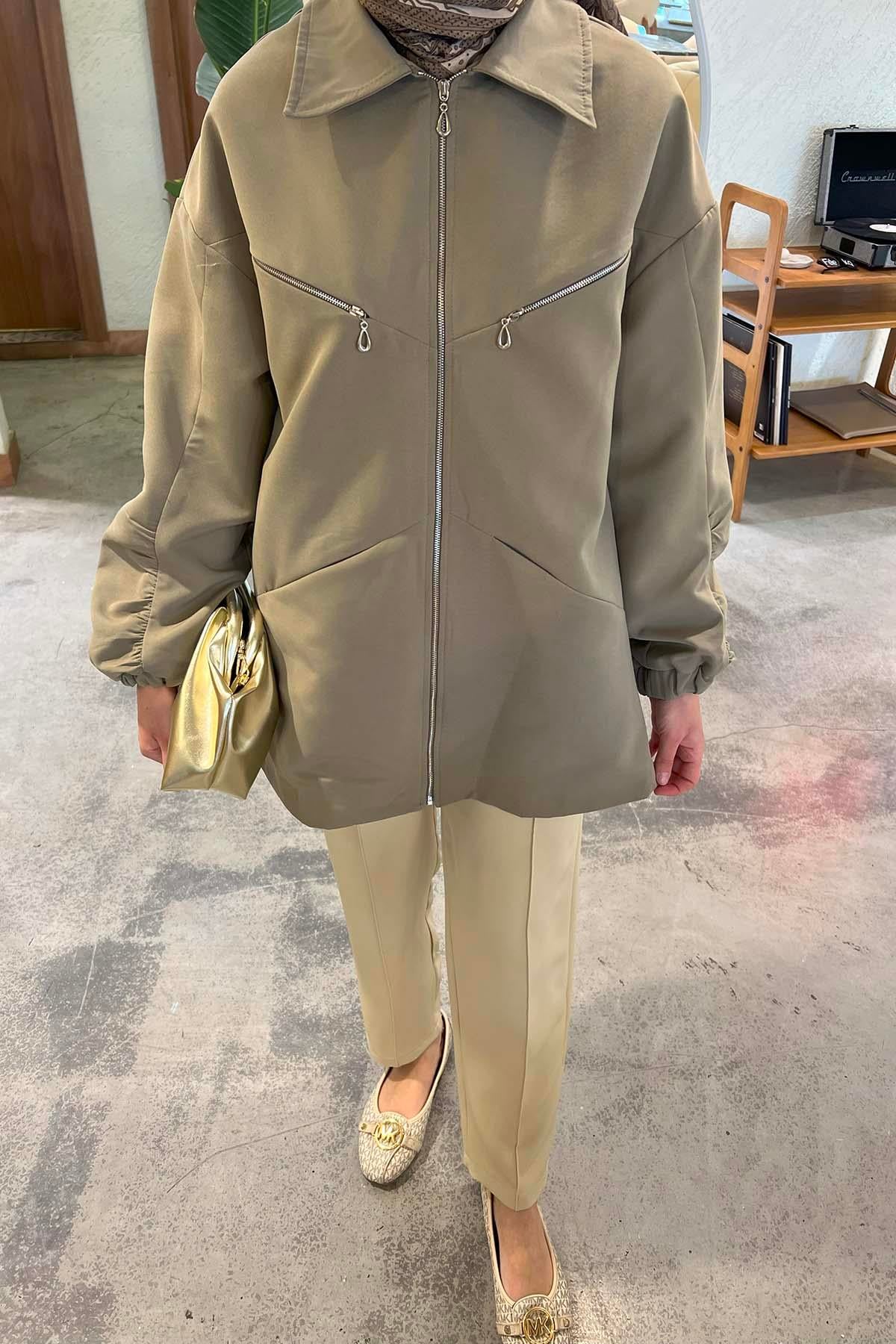 Fermuarlı Trençkot Soft Yeşil