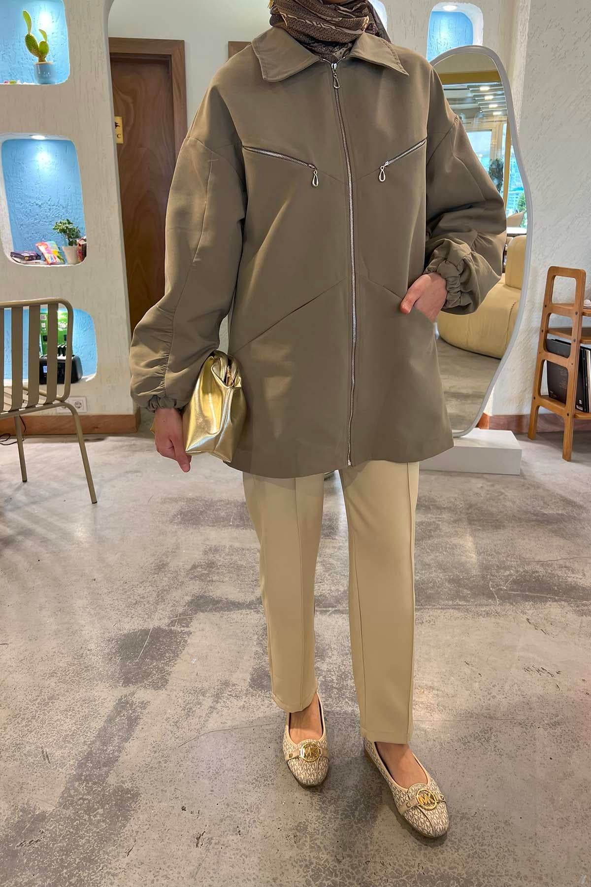Fermuarlı Trençkot Soft Yeşil
