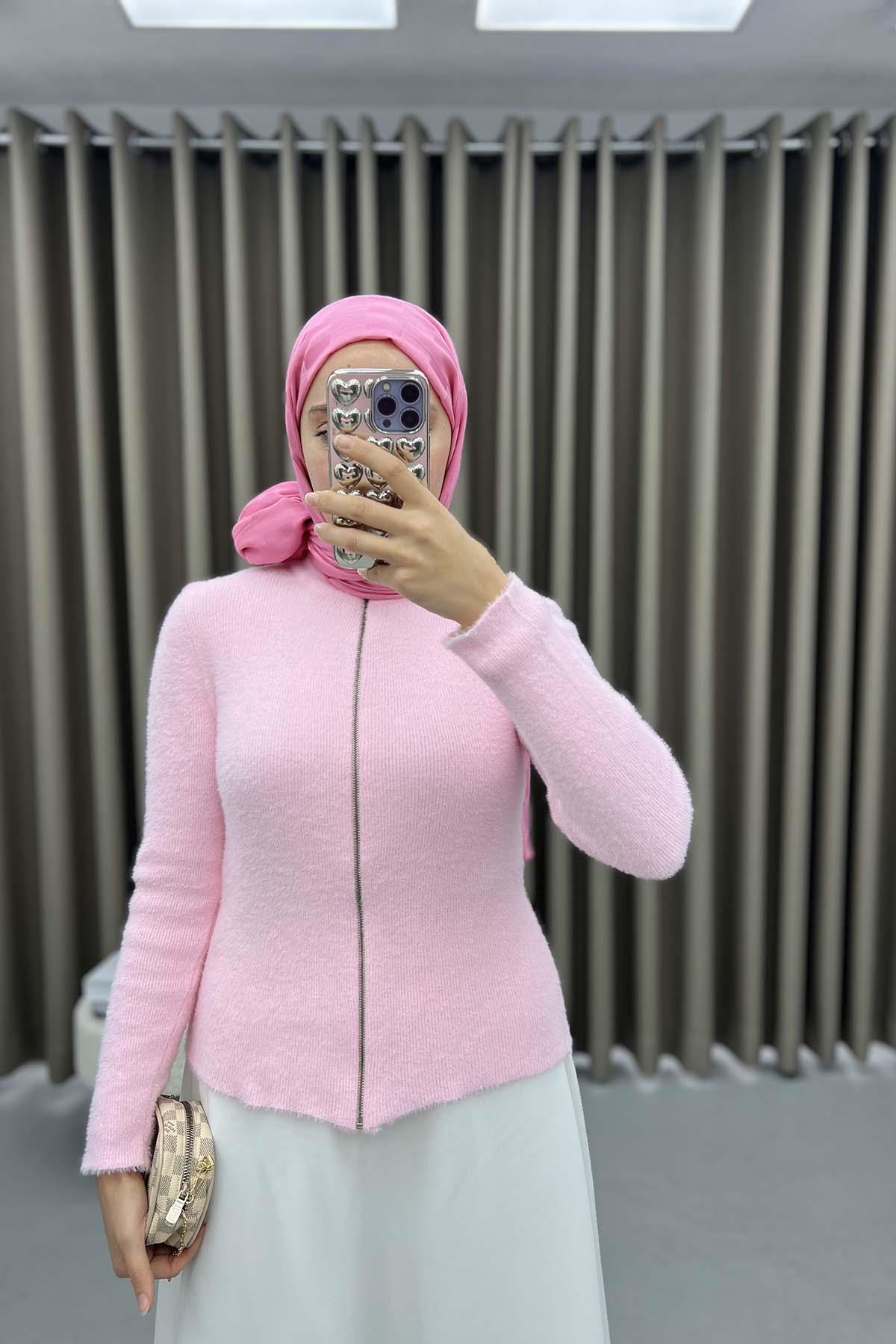 Fermuarlı Triko Hırka Pembe