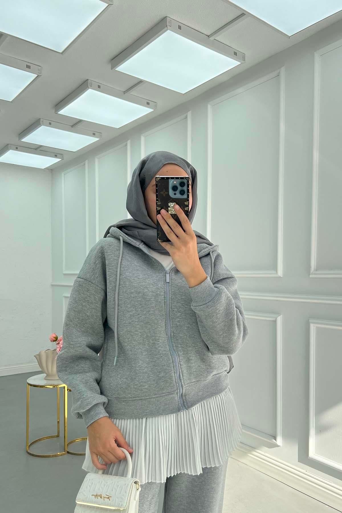Fermuarlı Üç İplik Okul Sweatshirt Gri