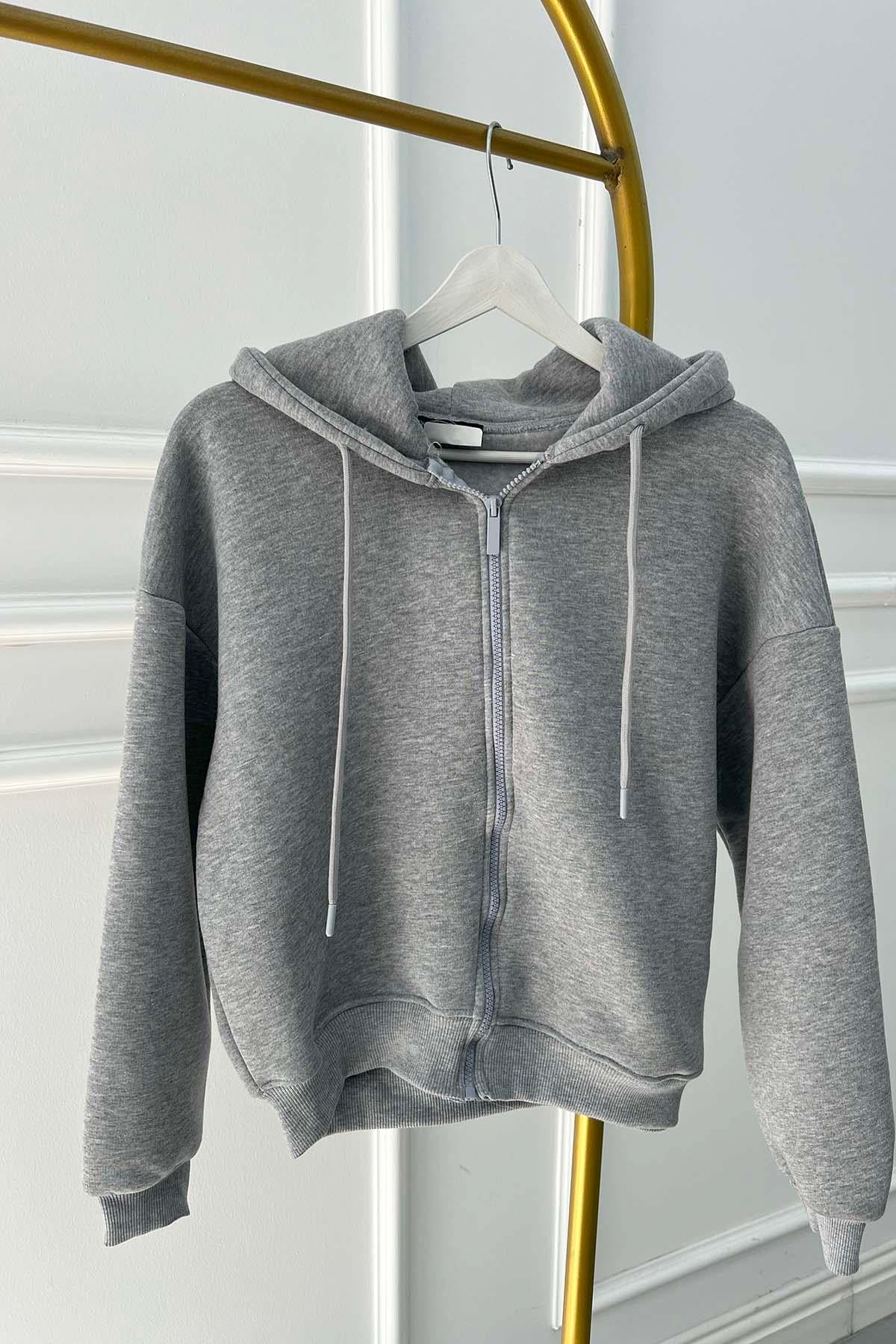 Fermuarlı Üç İplik Okul Sweatshirt Gri