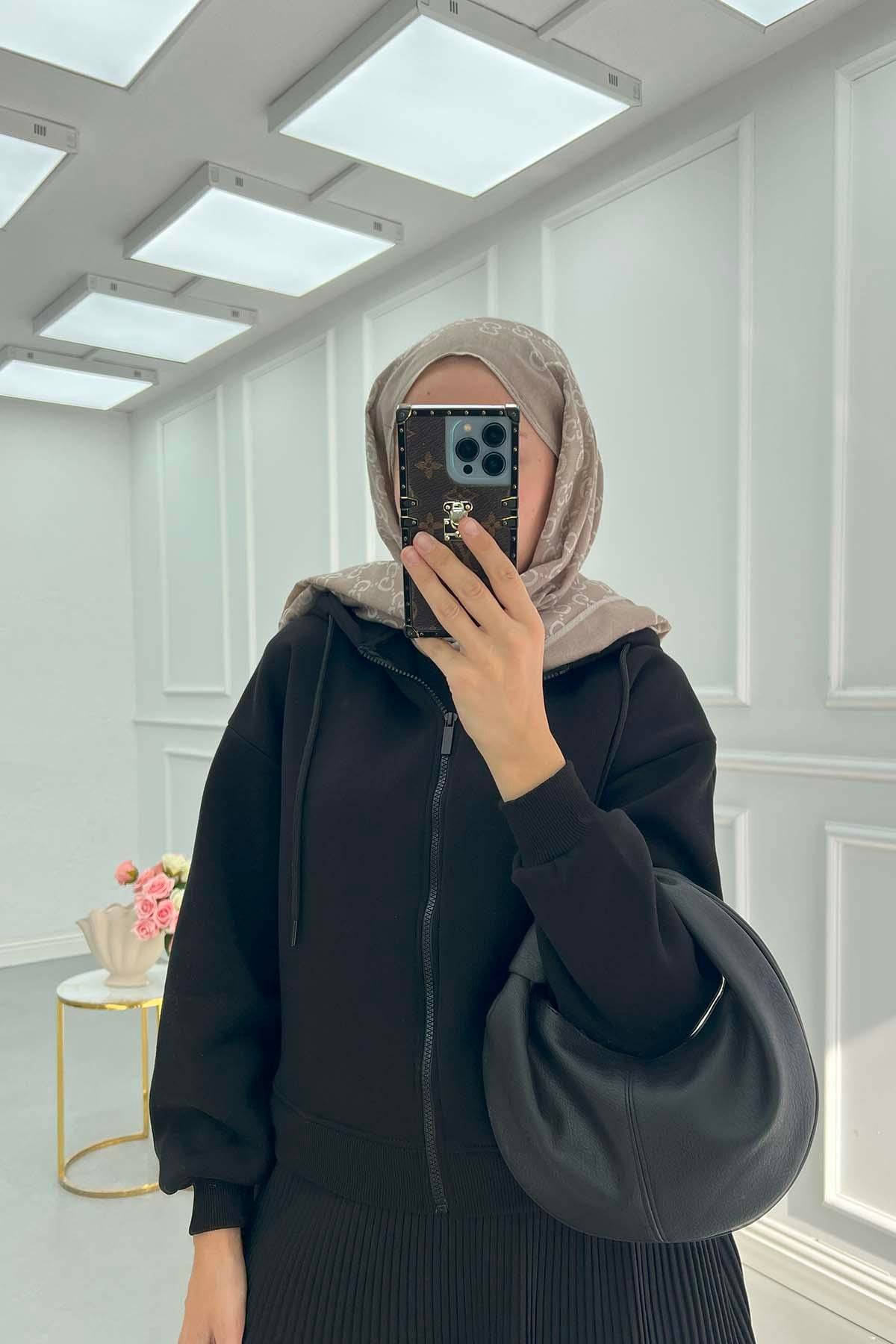 Fermuarlı Üç İplik Okul Sweatshirt Siyah