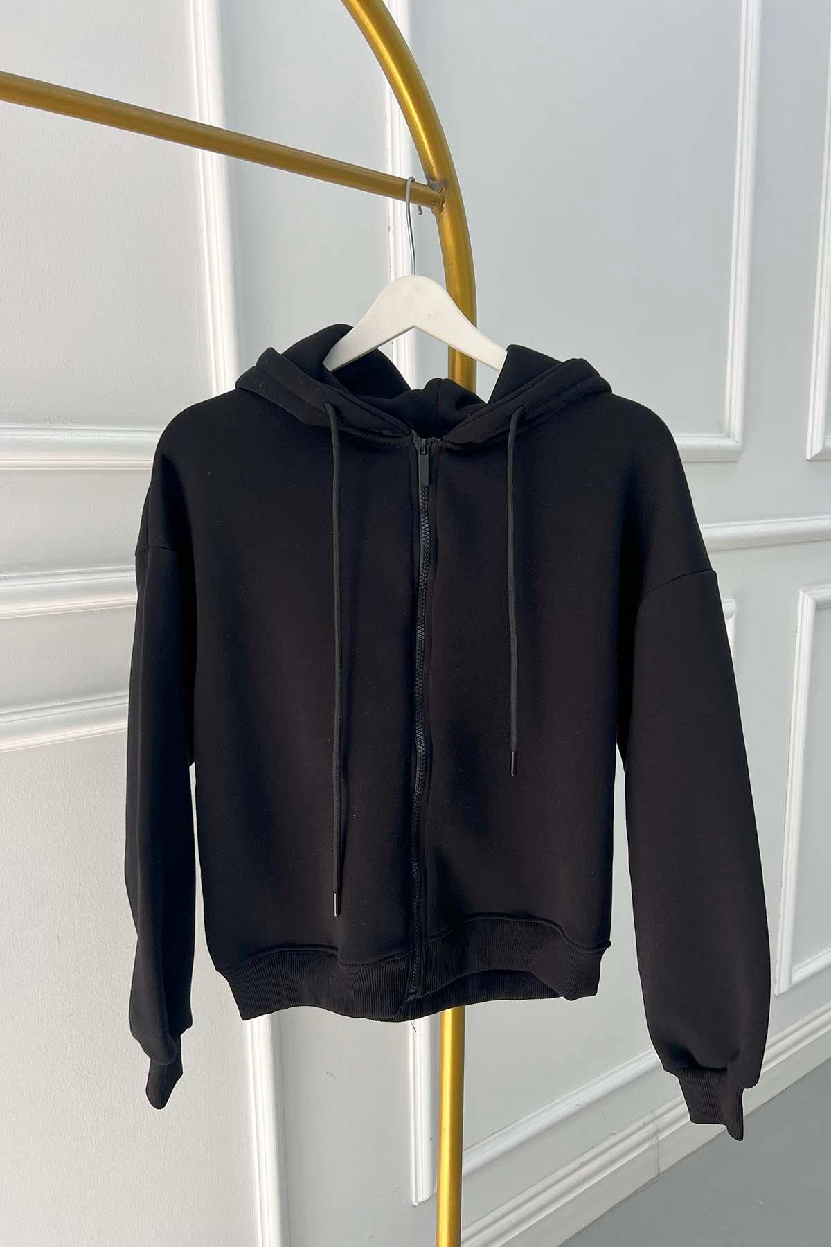 Fermuarlı Üç İplik Okul Sweatshirt Siyah