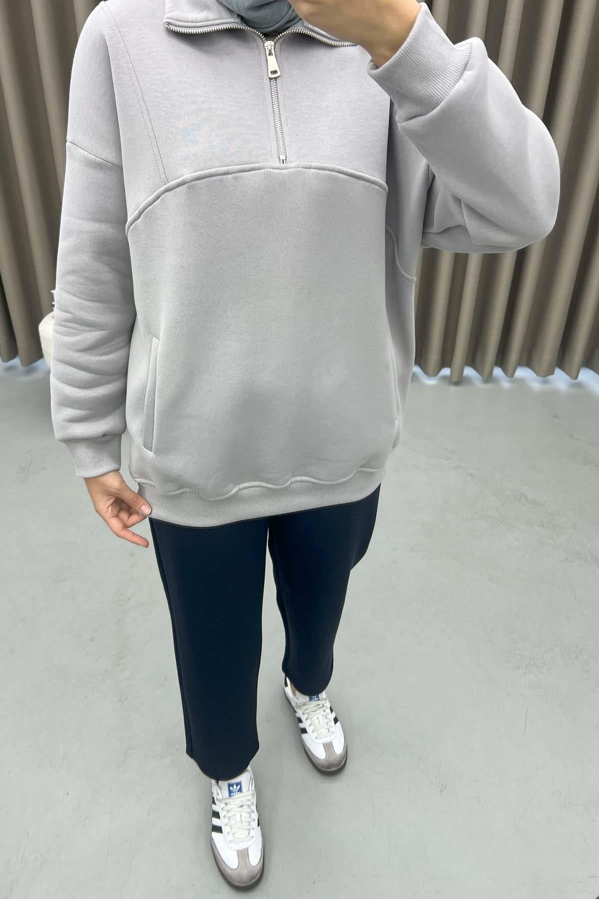 Fermuarlı Üç İplik Sweatshirt Gri