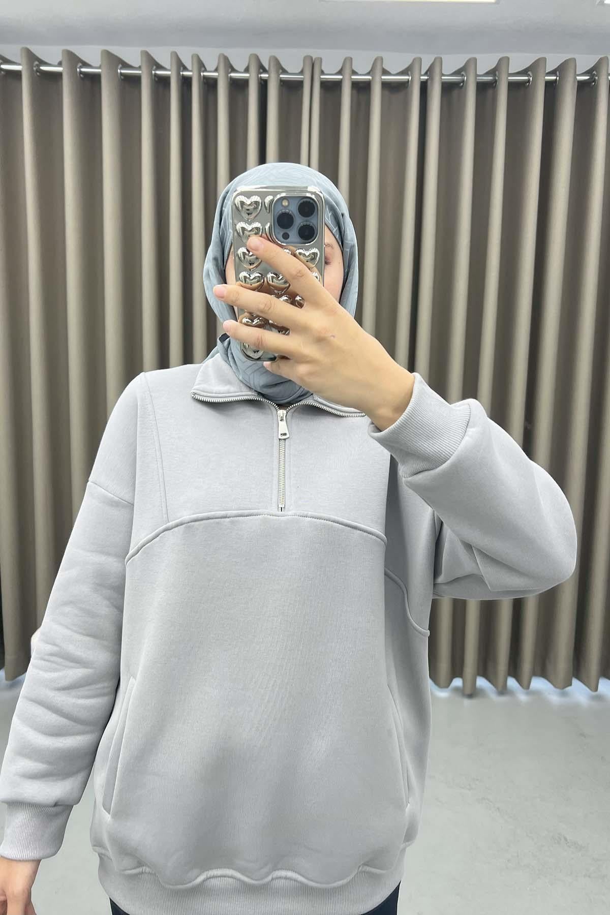 Fermuarlı Üç İplik Sweatshirt Gri