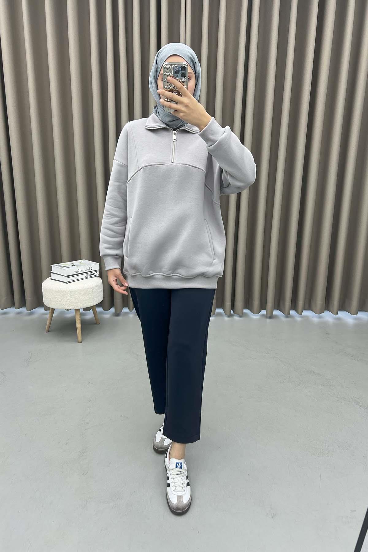 Fermuarlı Üç İplik Sweatshirt Gri