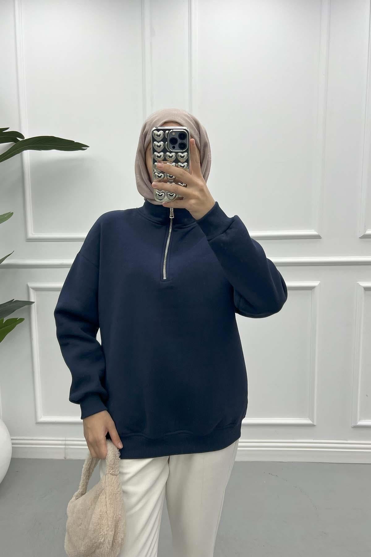 Fermuarlı Üç İplik Sweatshirt Lacivert