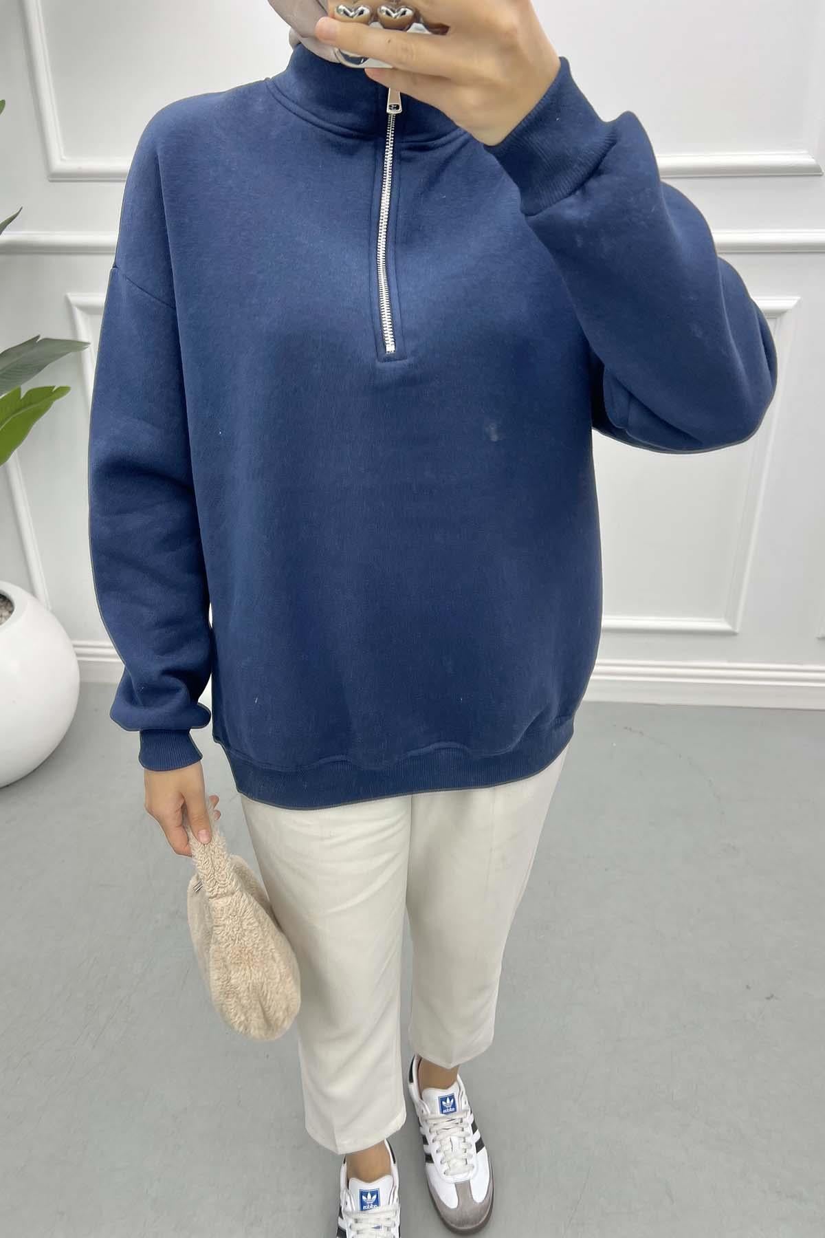 Fermuarlı Üç İplik Sweatshirt Lacivert