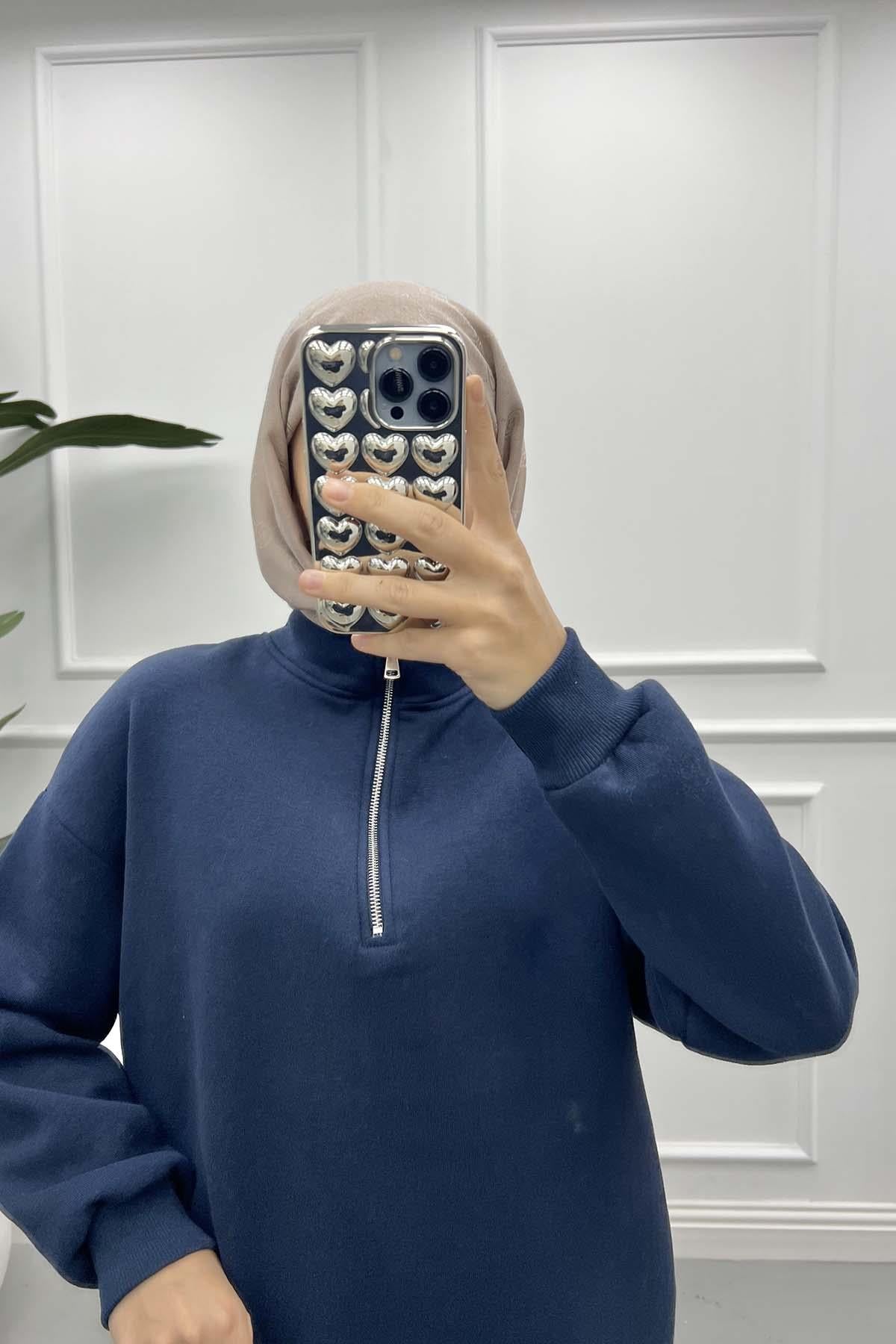 Fermuarlı Üç İplik Sweatshirt Lacivert