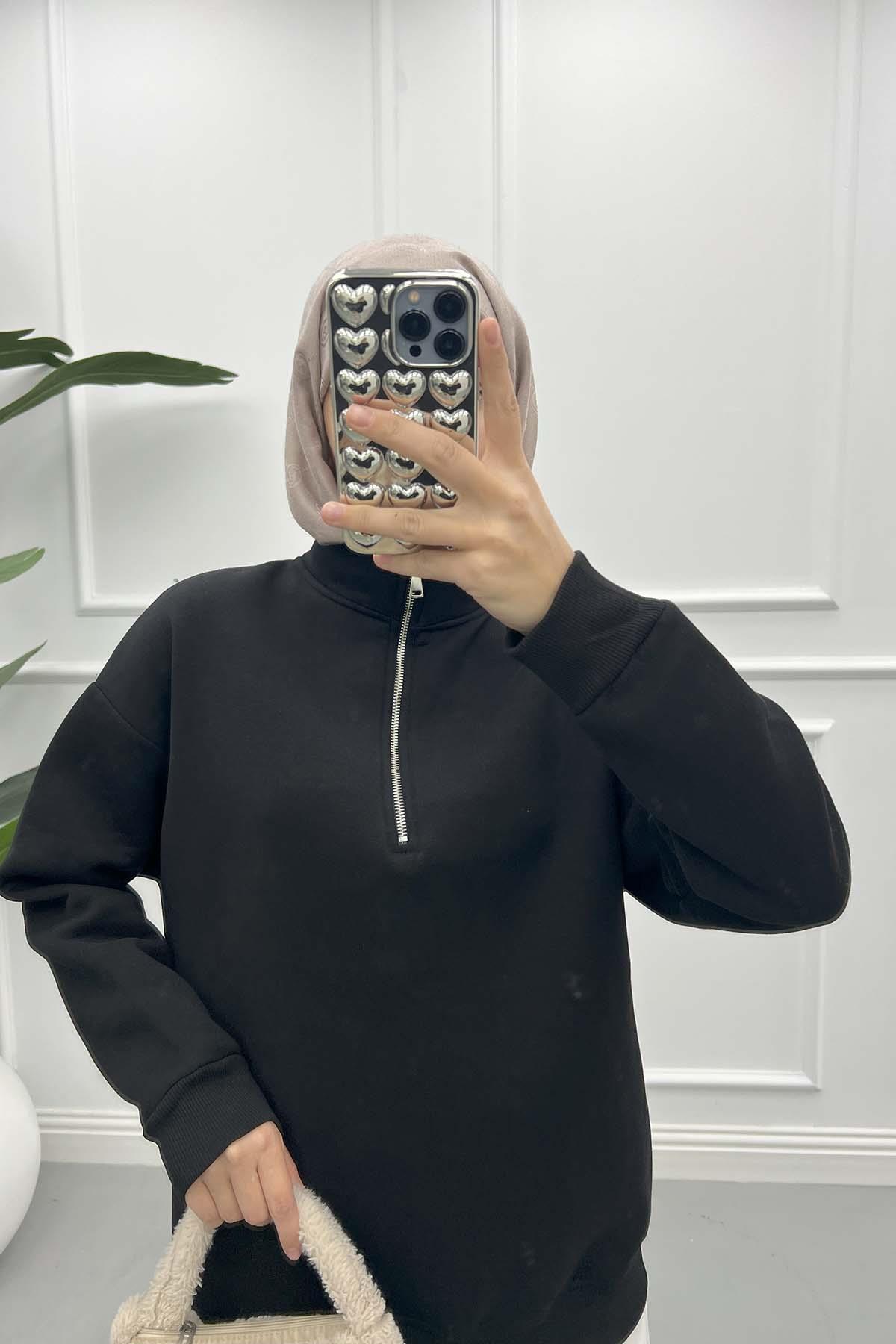 Fermuarlı Üç İplik Sweatshirt Siyah