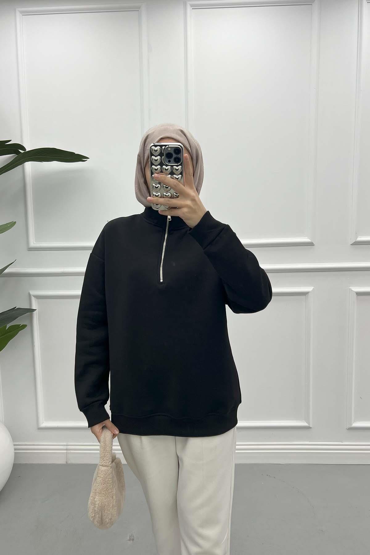 Fermuarlı Üç İplik Sweatshirt Siyah