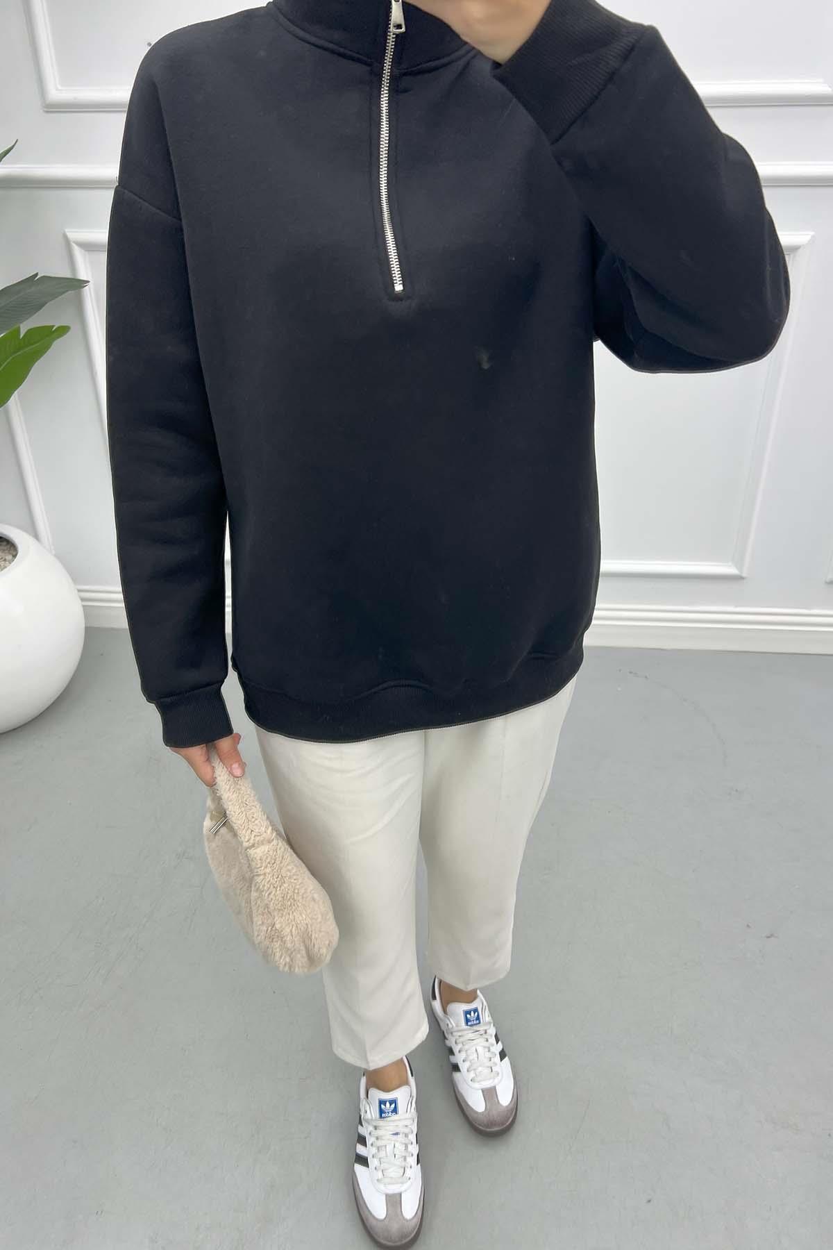Fermuarlı Üç İplik Sweatshirt Siyah