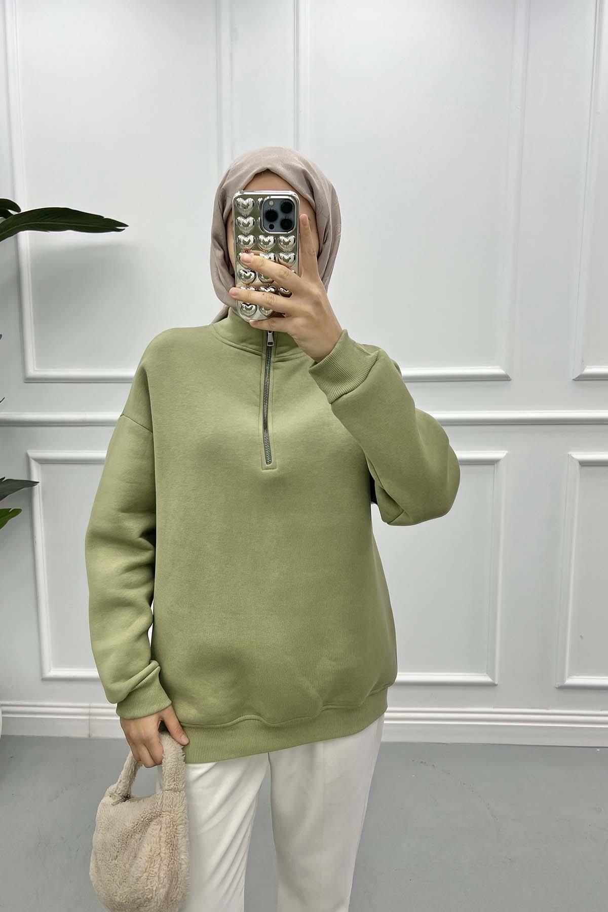 Fermuarlı Üç İplik Sweatshirt Soft Yeşil