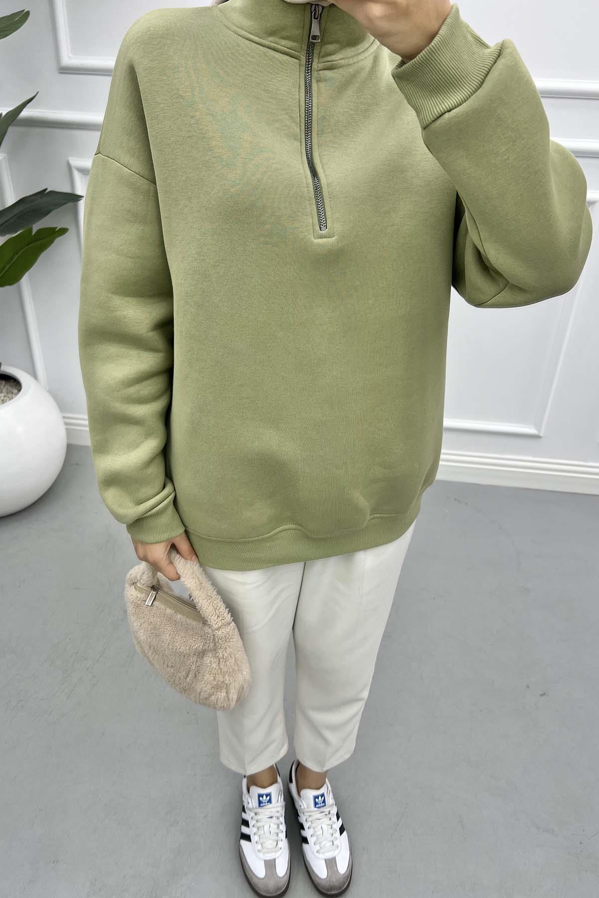 Fermuarlı Üç İplik Sweatshirt Soft Yeşil
