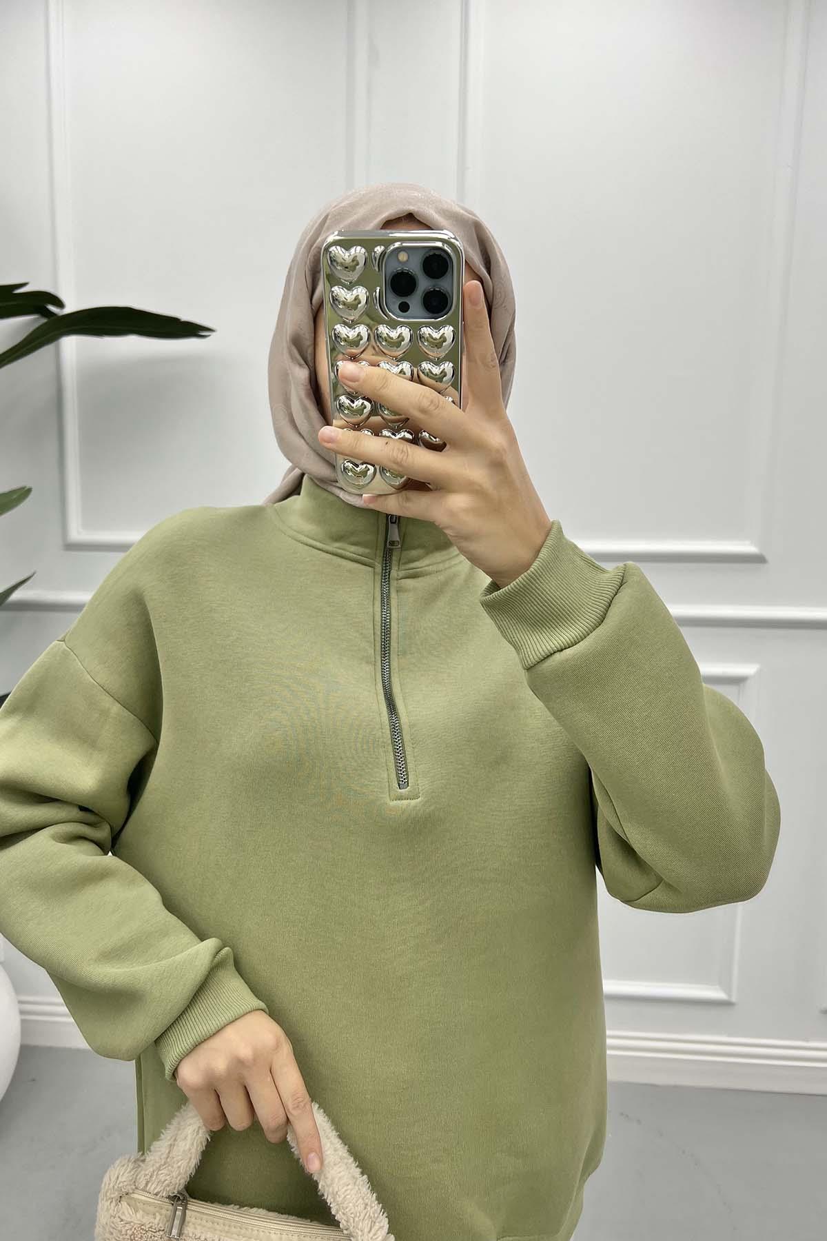 Fermuarlı Üç İplik Sweatshirt Soft Yeşil