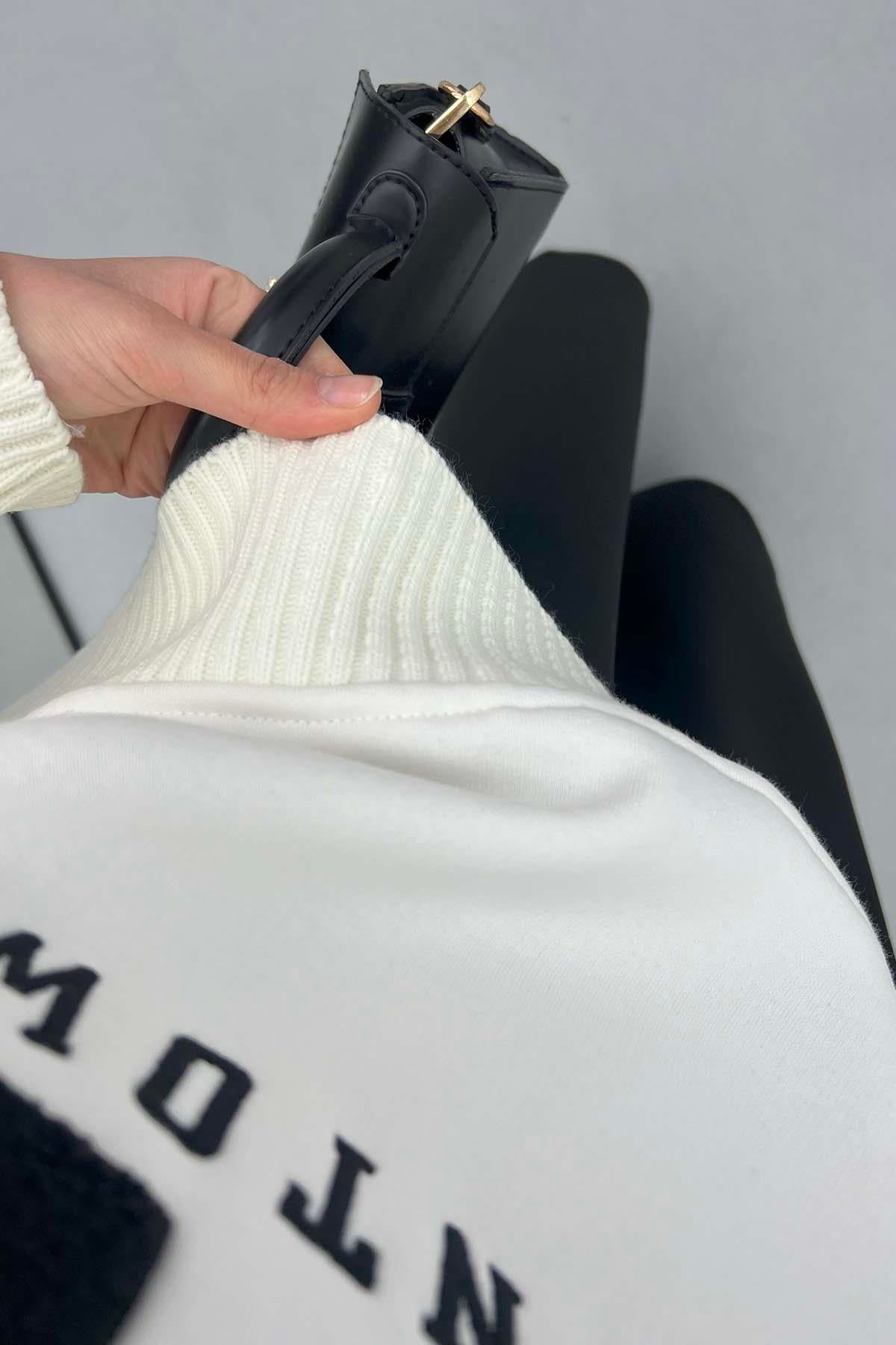 Fermuarlı Yazılı Sweatshirt Beyaz